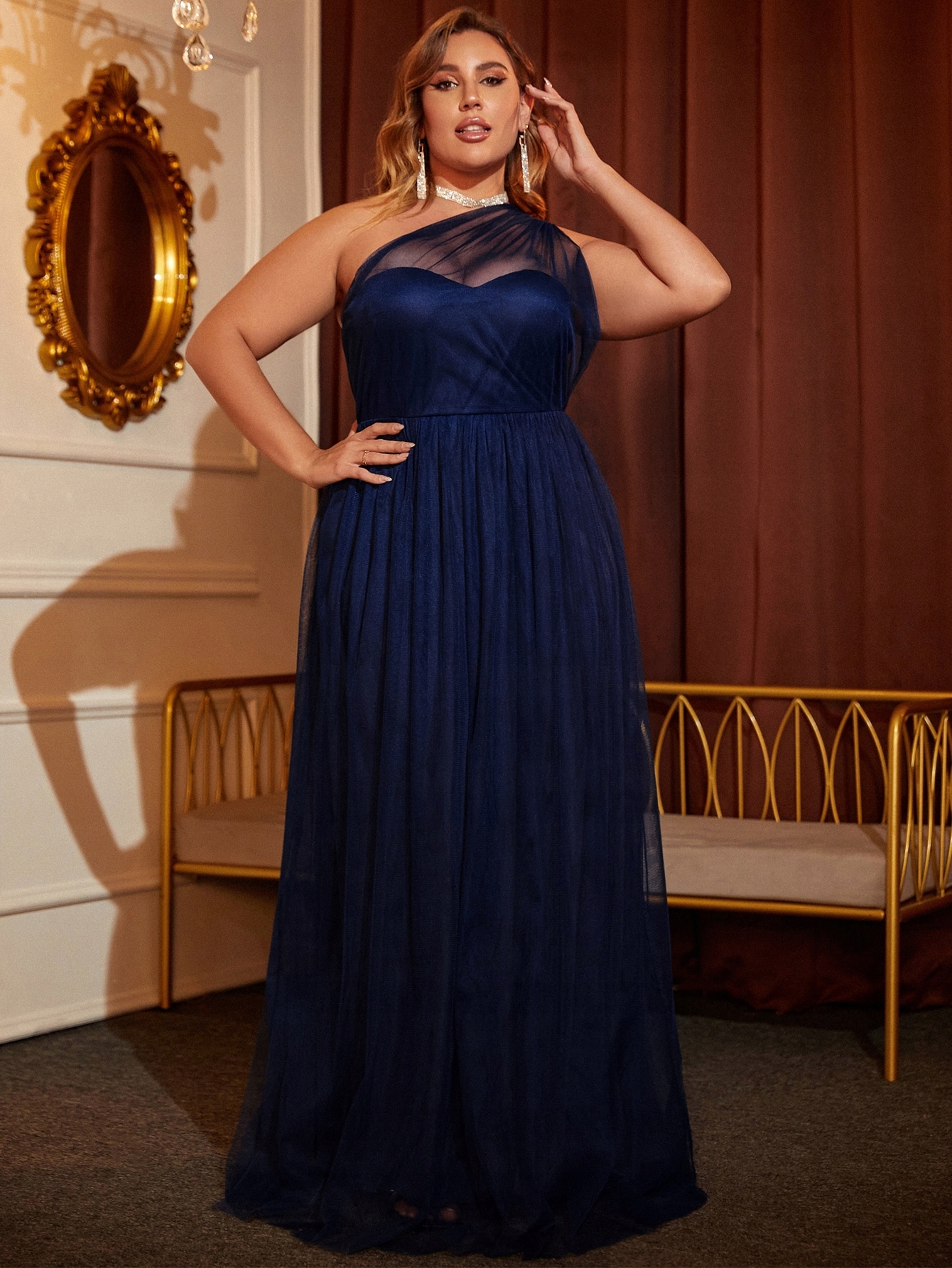 Šaty Maxi Rozevřená Na Jedno Rameno, Tmavě Modrá, Houseofchic 2XL 44