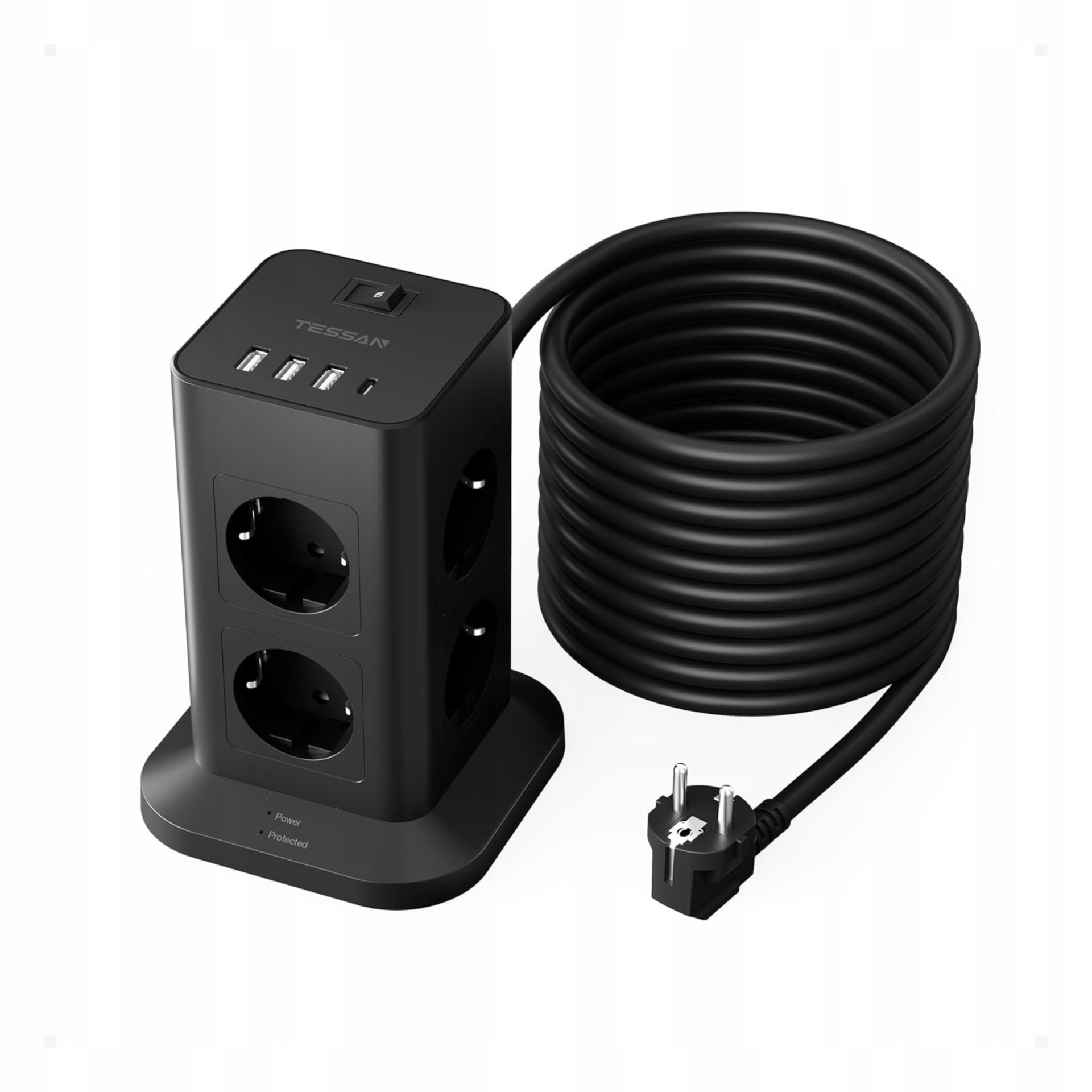 Zásuvková Lišta 3600W Prodlužovací kabel 10 m 8 zásuvek 3xUSB-A 1xUSB-C Tessan