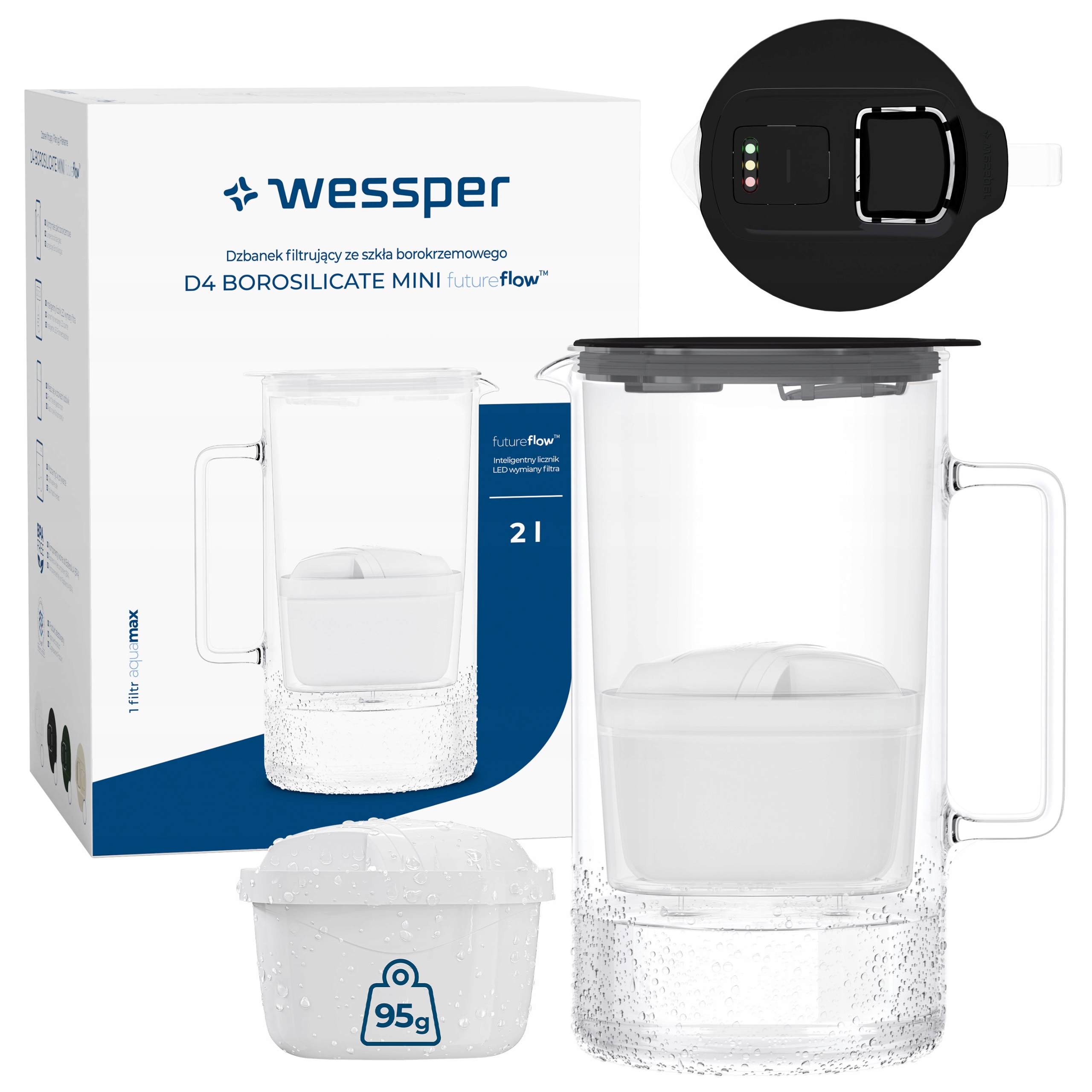 Dzbanek filtrujący szklany Wessper D4 Borosilicate Mini licznik 2x filtr