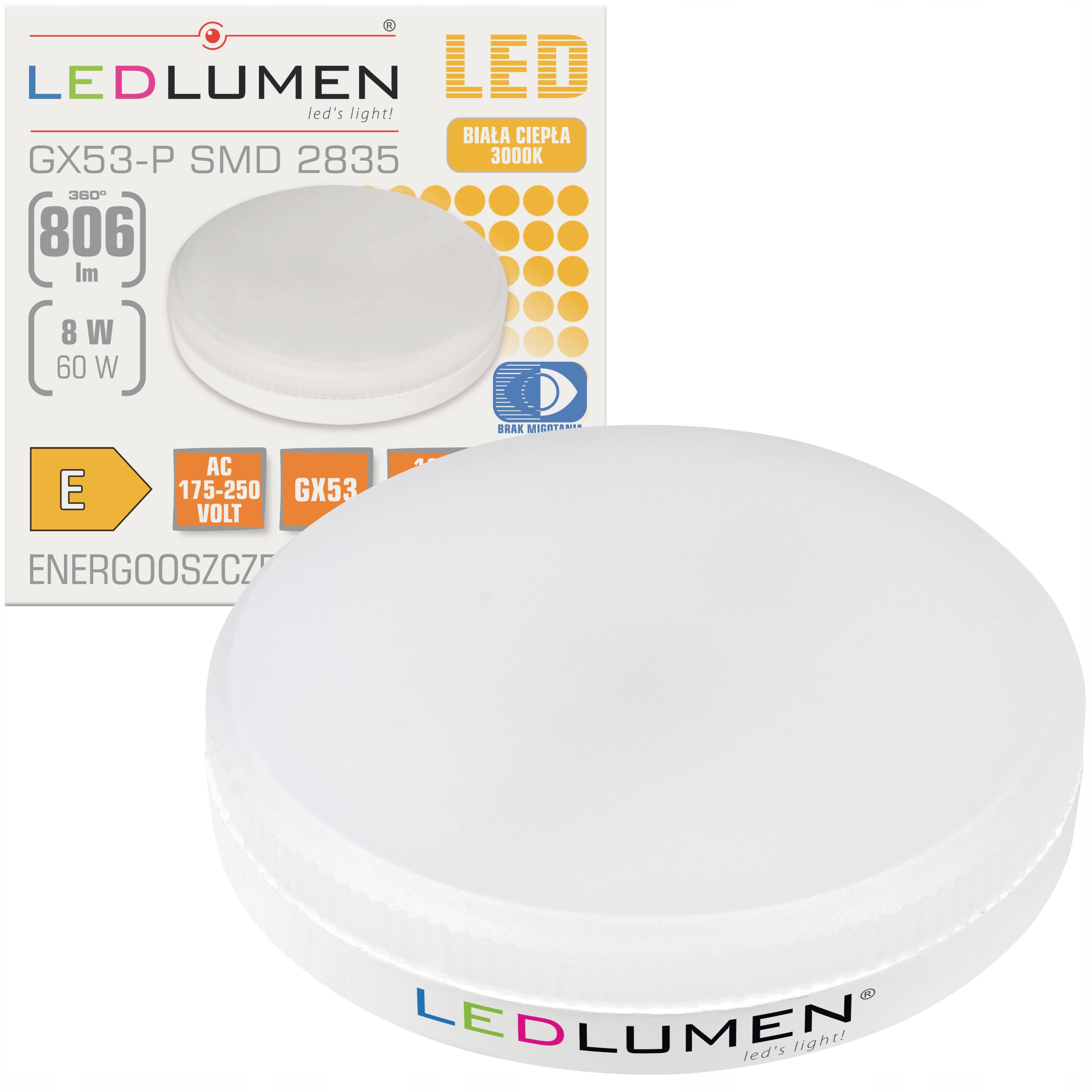 

Żarówka Led GX53 8W=60W Smd 806lm CCD Ledlumen