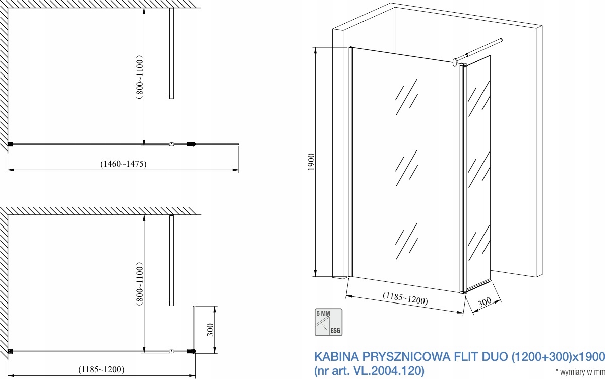 ŚCIANKA PRYSZNICOWA OTWARTA KABINA 120 +30 UCHYLNA Mocowanie uniwersalne