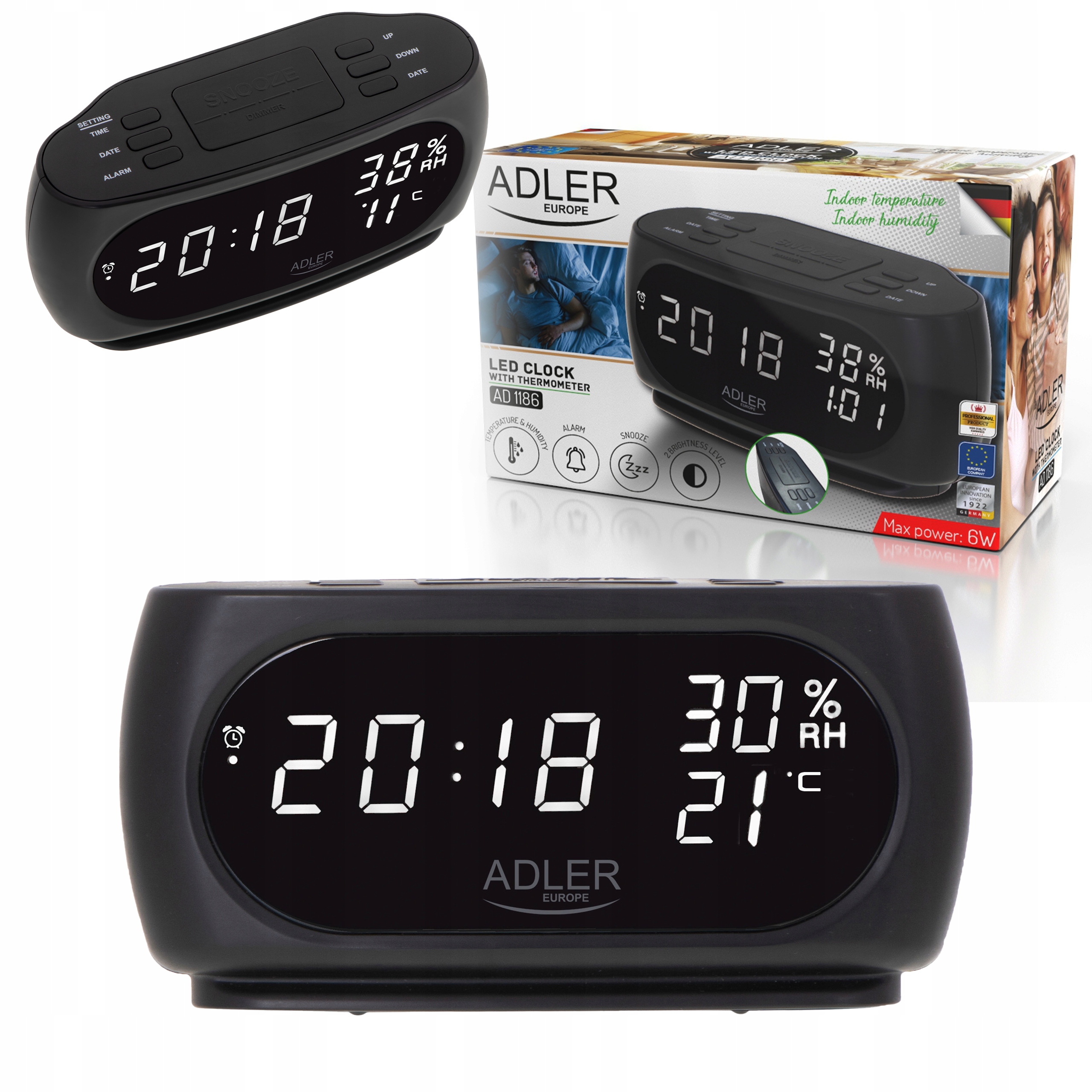 RADIO TERMOMETR WILGOTNOŚĆ POWIETRZA LED ALARM