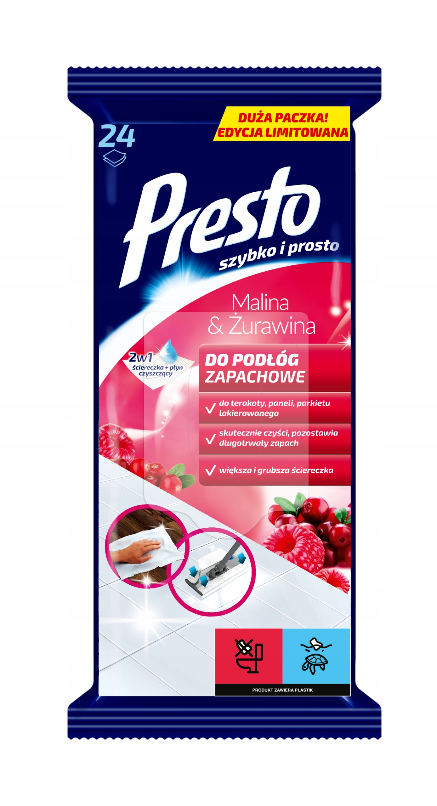 PRESTO CLEAN - ŚCIERECZKI DO PODŁÓG MALINA 24szt