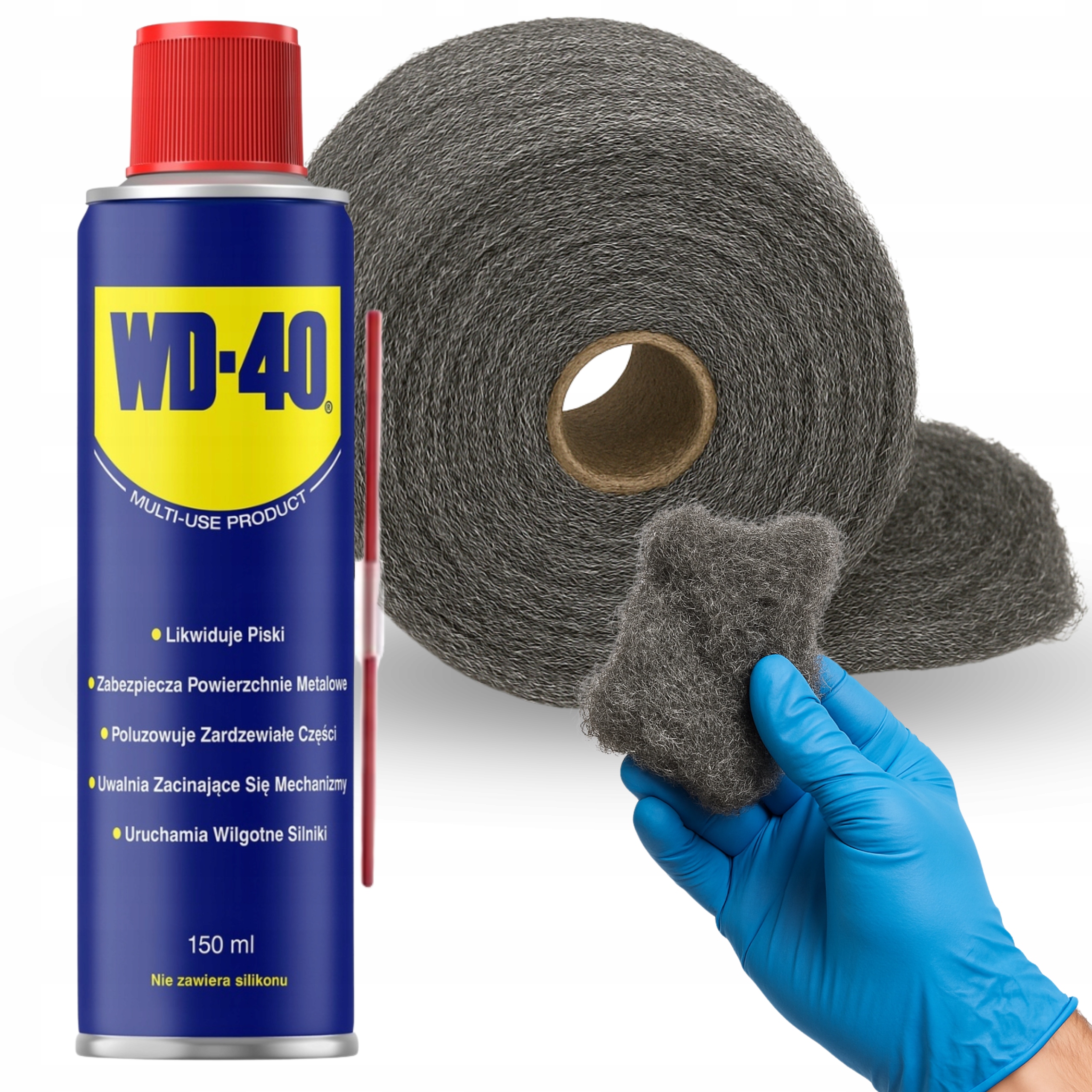 WD-40 Z Aplikatorem 150 ML Wełna Stalowa 250g do Czyszczenia Metalu
