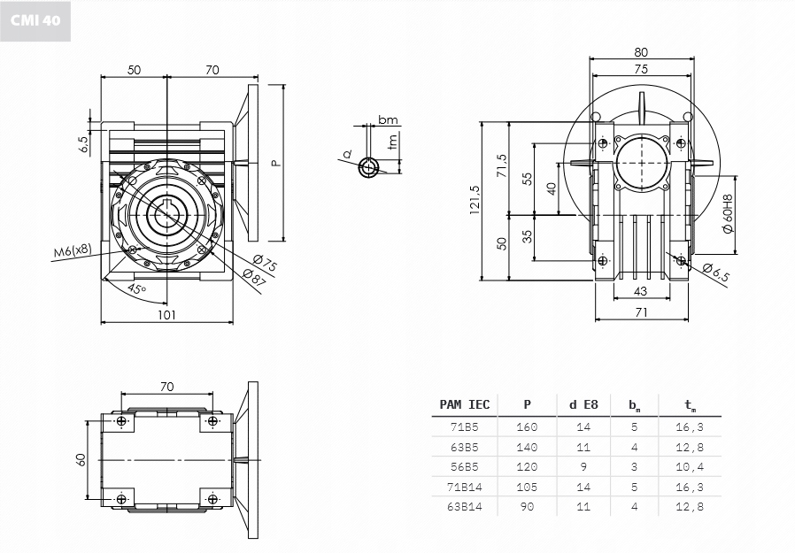 Przekładnia reduktor CMI40 1/25 56 obr/min 71B14 Model CMI40 1/25 71B14