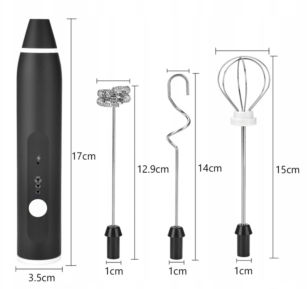 Ruční napěňovač mléka Whisk černý 8 W s vyměnitelnými nástavci