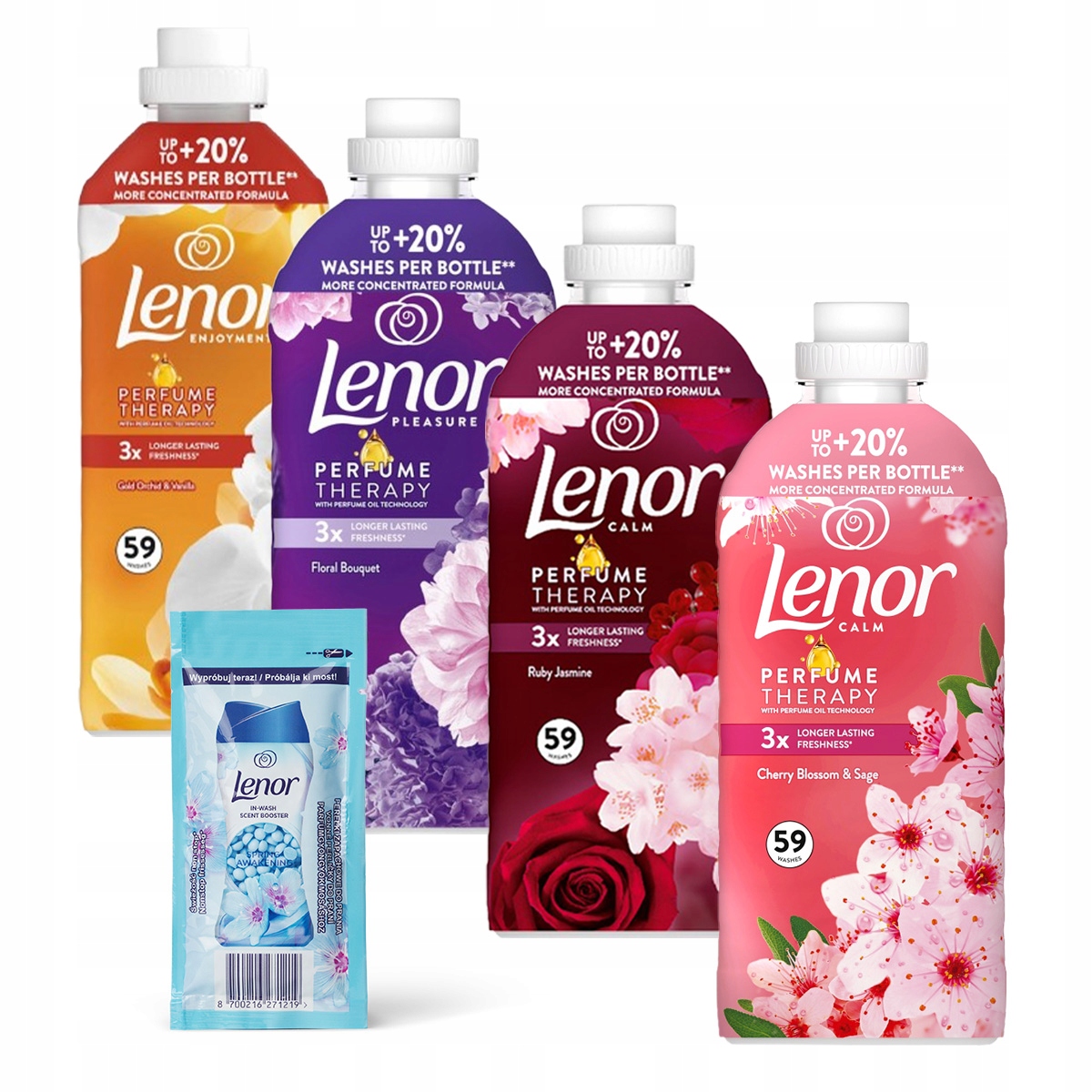 Zestaw płynów do płukania Lenor mix zapachów 236 prania 4x1,25L+GRATIS!