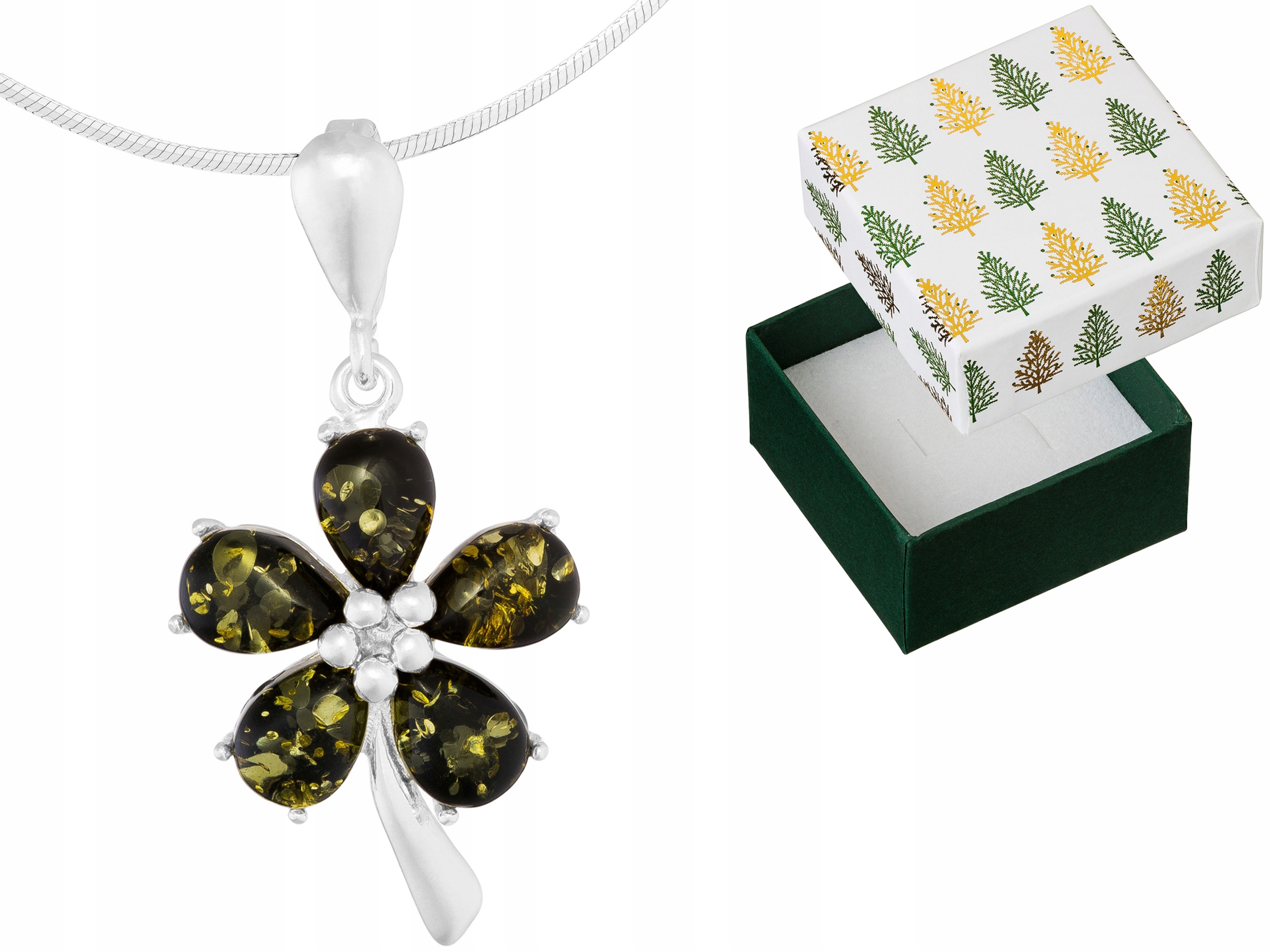 Stříbrný náhrdelník Květina Přívěsek Jantarem Přívěsek Květina Řetízek 60