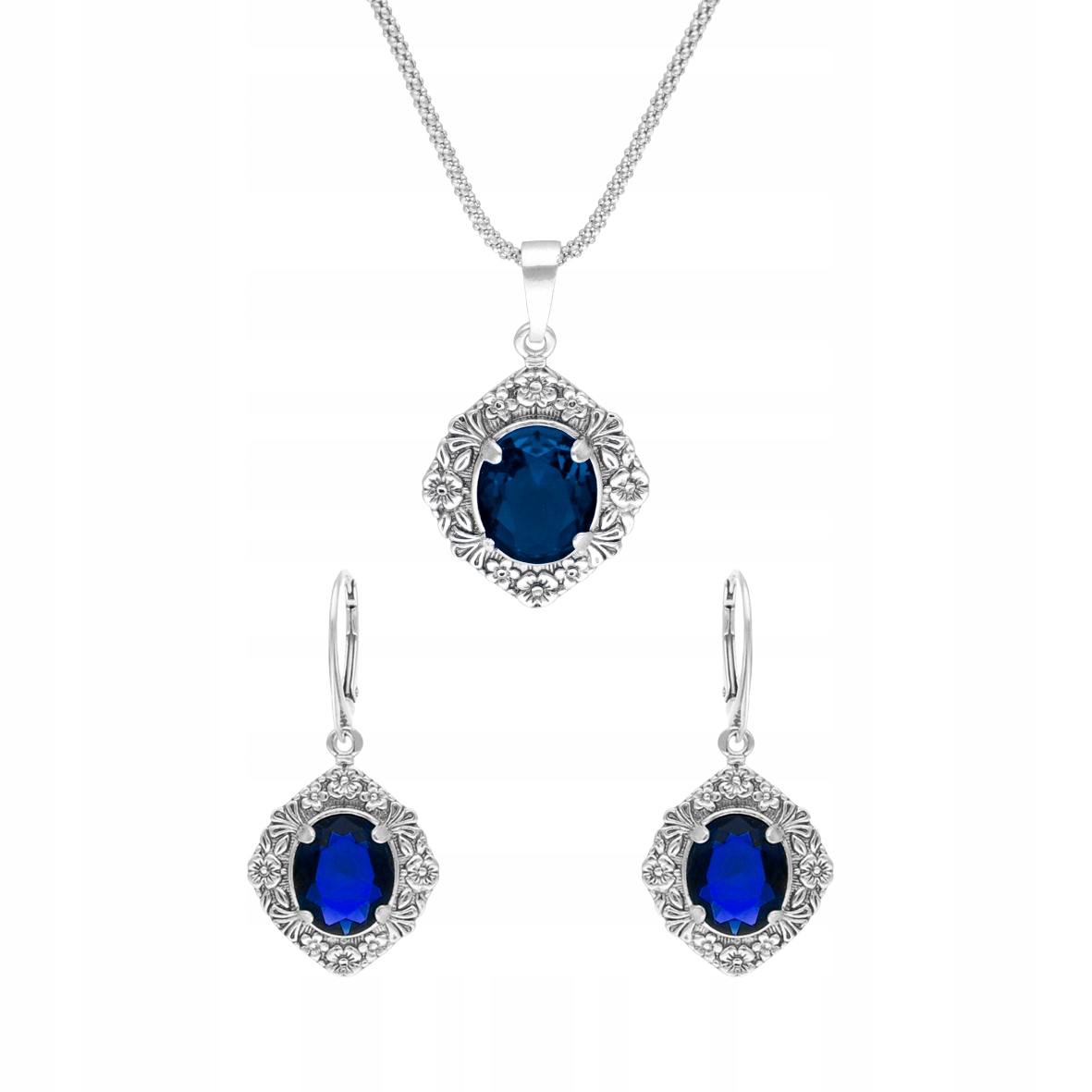 Komplet s safírovými zirkony a květinovým motivem stříbro