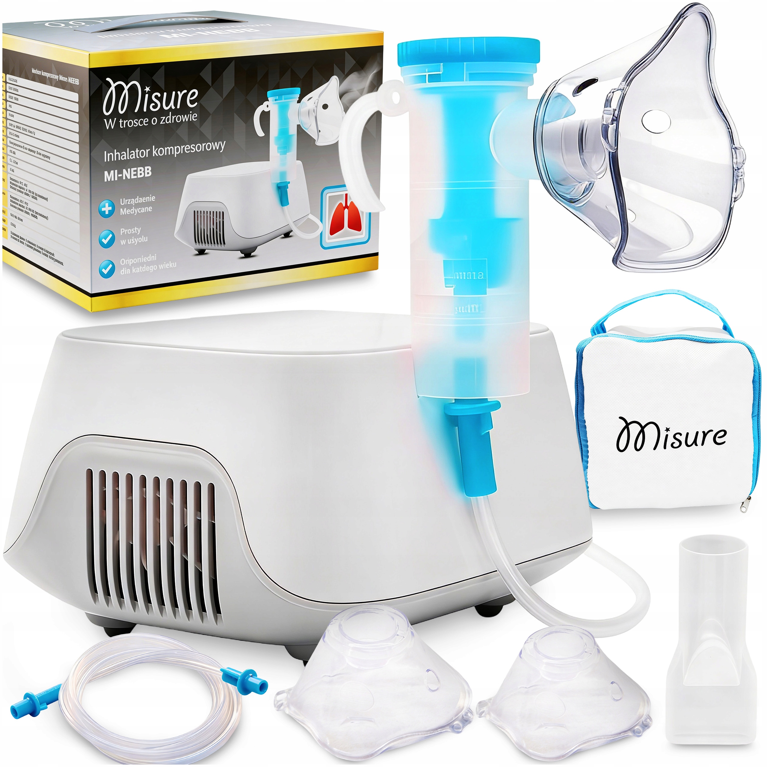 INHALATOR NEBULIZATOR DLA DOROSŁYCH I DZIECI MISURE TŁOKOWY + 2 MASKI ETUI