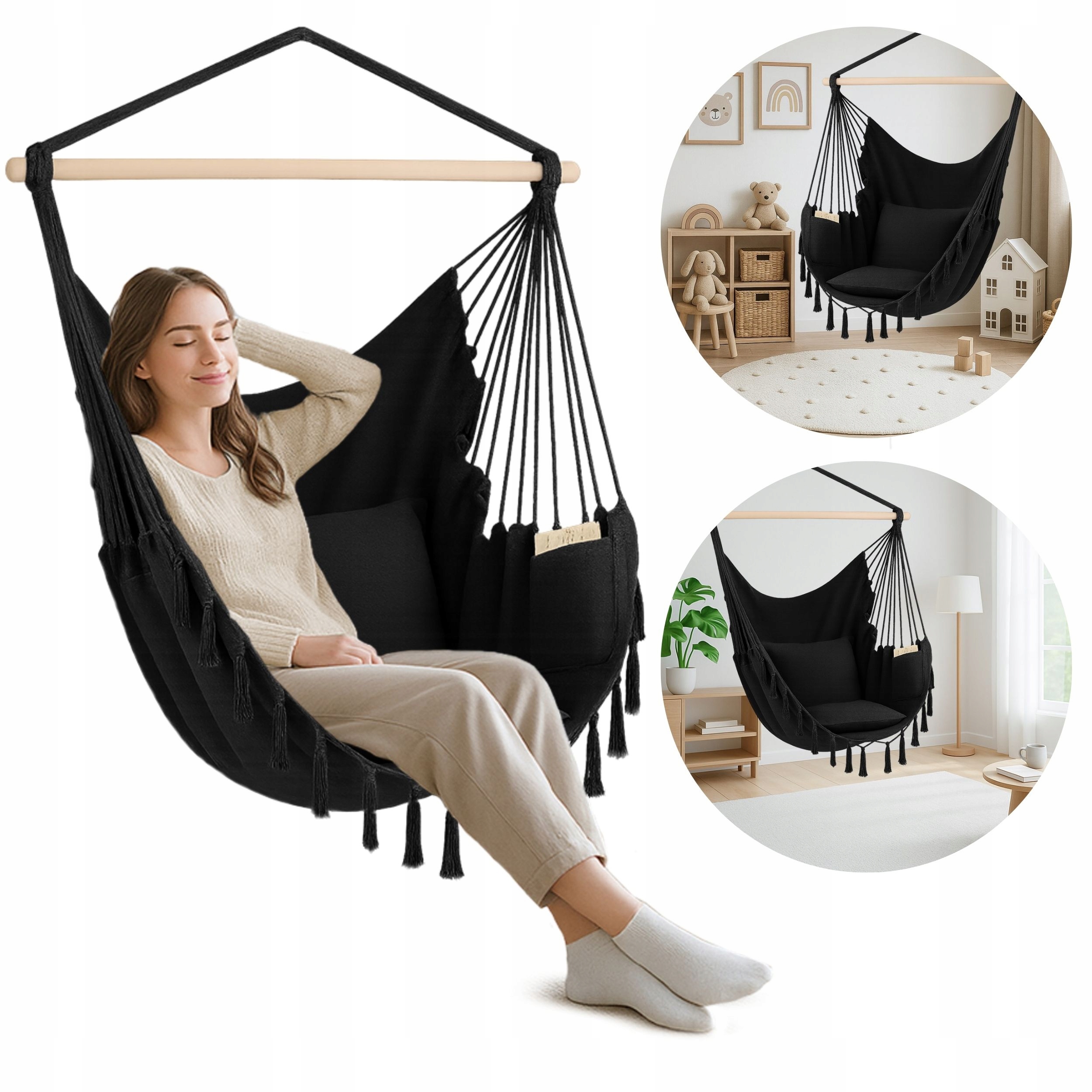 Závěsné křeslo Boho Brazilské zahradní houpací křeslo na balkon Černé