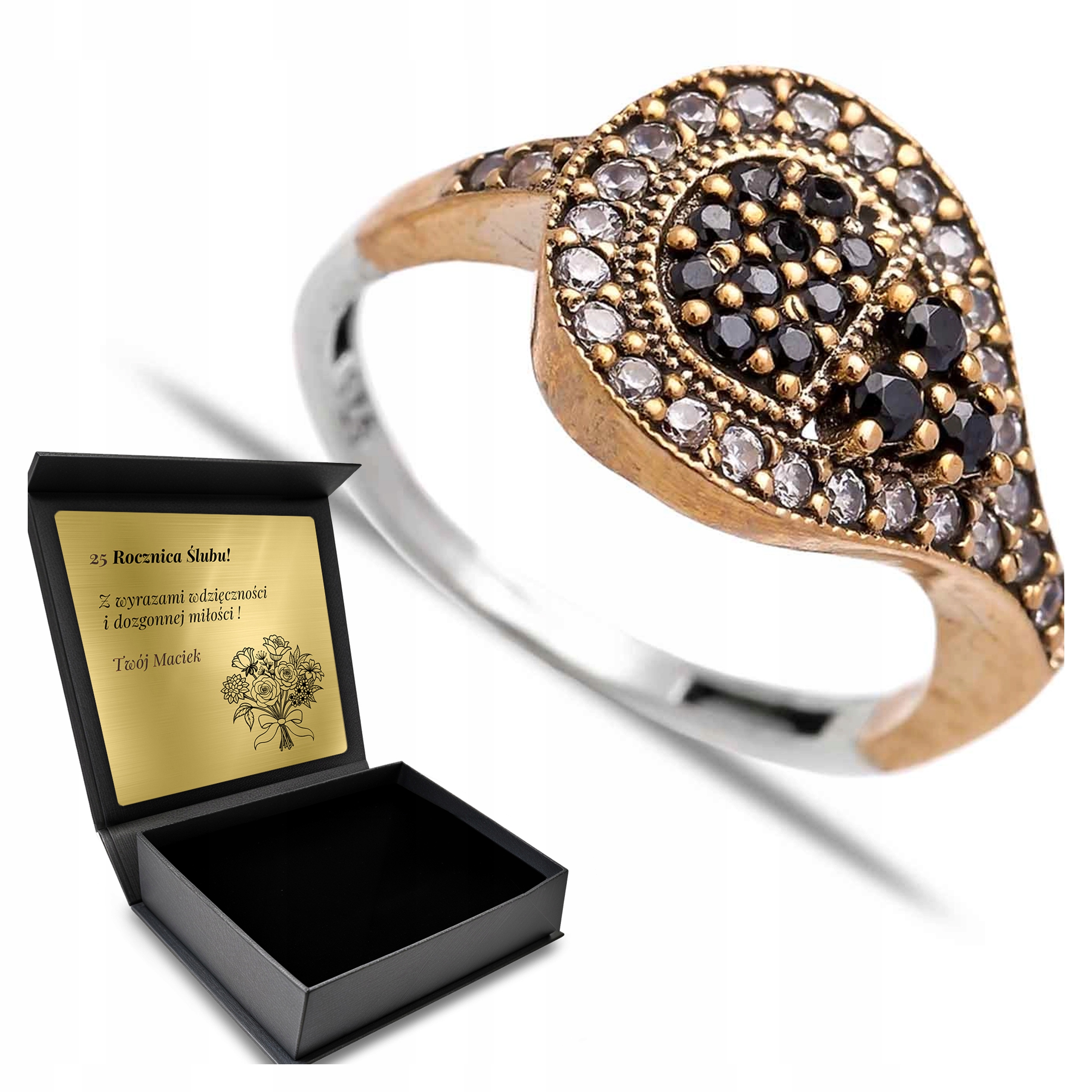 Prstýnek 925 Černé Zirkony Dárek pro ženu Gravírování Bonus