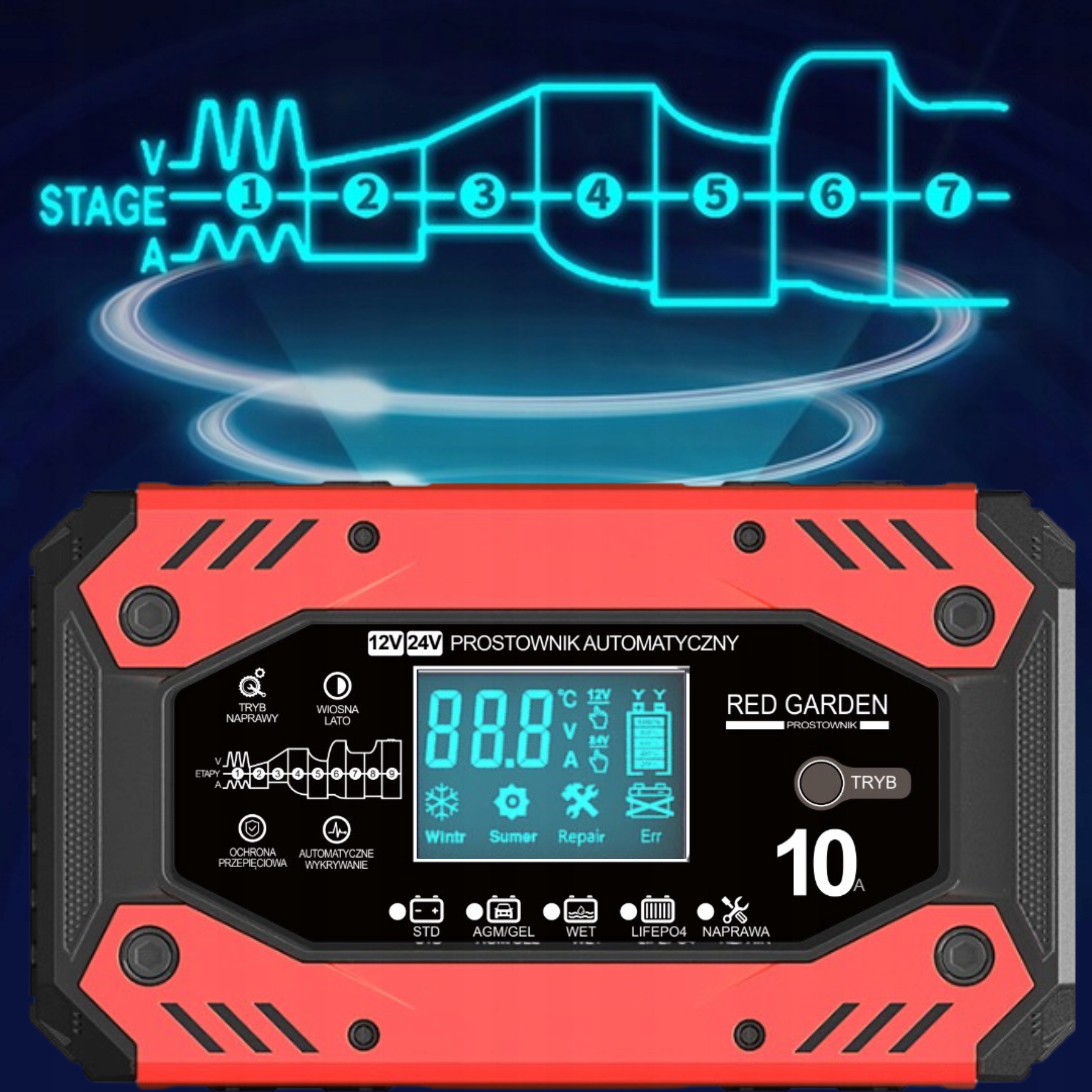 Prostownik do akumulatorów samochodowych automatyczny ładowarka 10A 12V 24V Model Prostownik do akumulatorów samochodowych