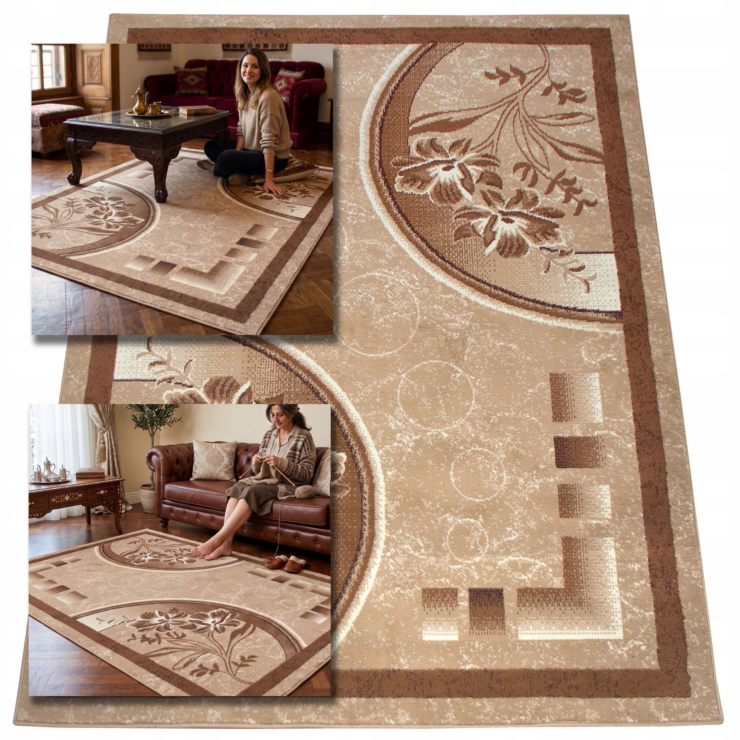 Koberec béžový s květinami, klasický, moderní do obývacího pokoje, módní Bcf 200 x 300 cm