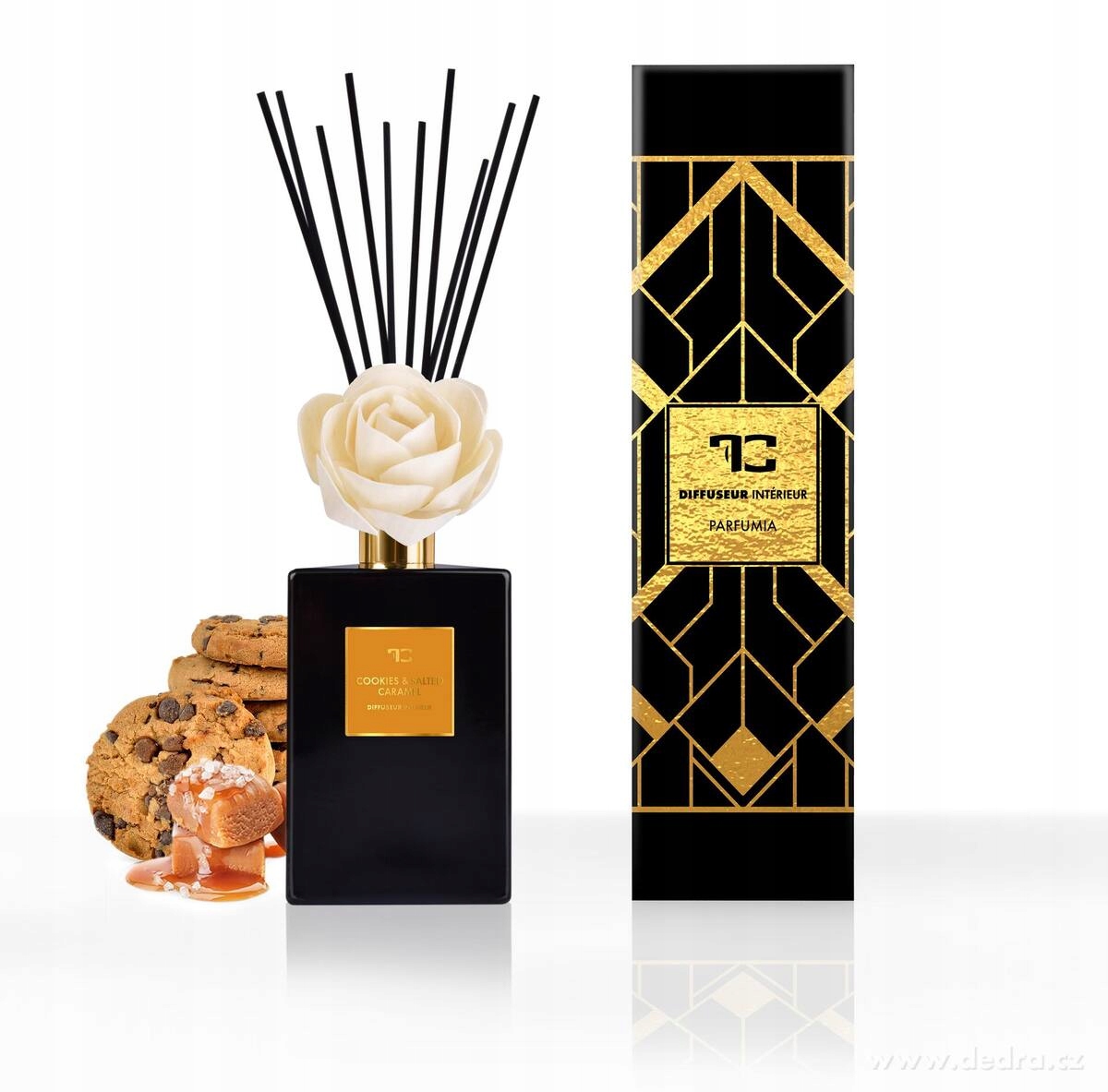 Levně Difuzér s květinou & tyčinkami Parfumia, Sušenky a slaný karamel, 500 ml