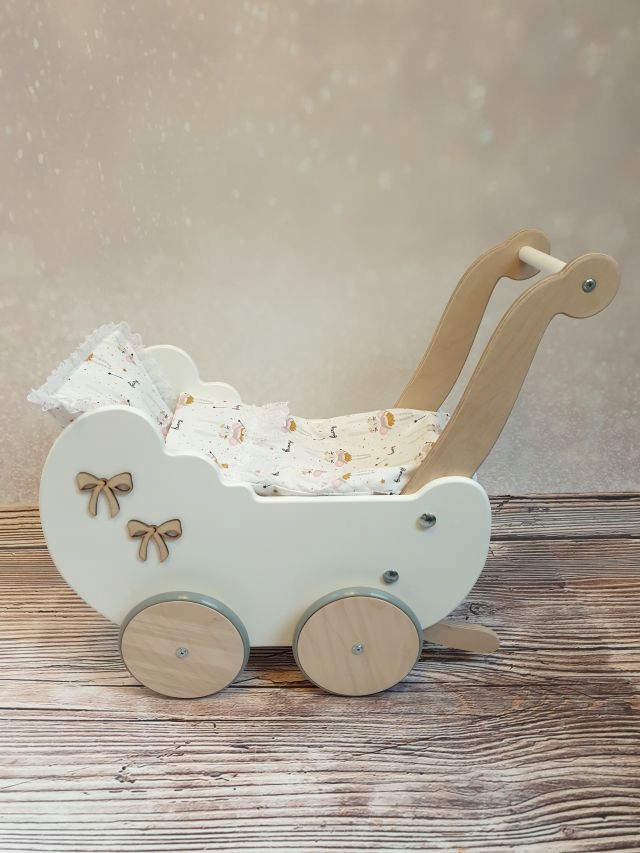 WÓZEK DREWNIANY DLA LALEK Z POŚCIELĄ PCHACZ NOWOŚĆ Seria wozki Z POŚCIELĄ