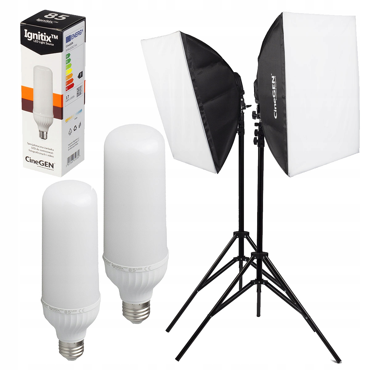 2 Fotografické Lampy žárovka 85W softbox 40x40 cm