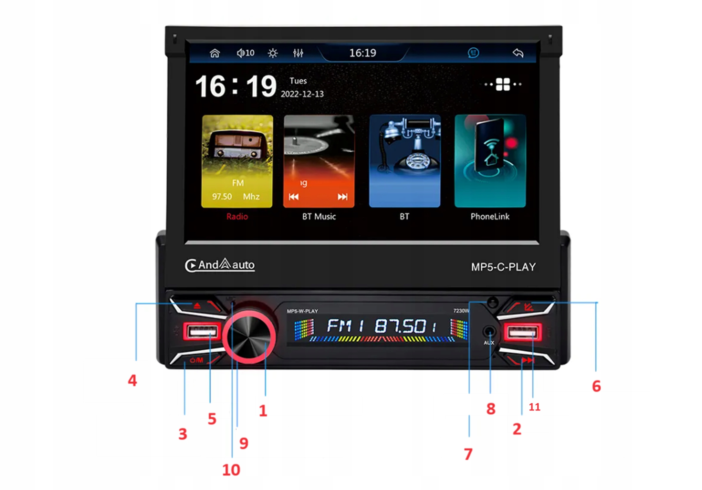 Radio Samochodowe 1DIN 7"Bluetooth USB AndroidAuto/Carplay Wysuwany Ekran Moc wzmacniacza 4x45 W