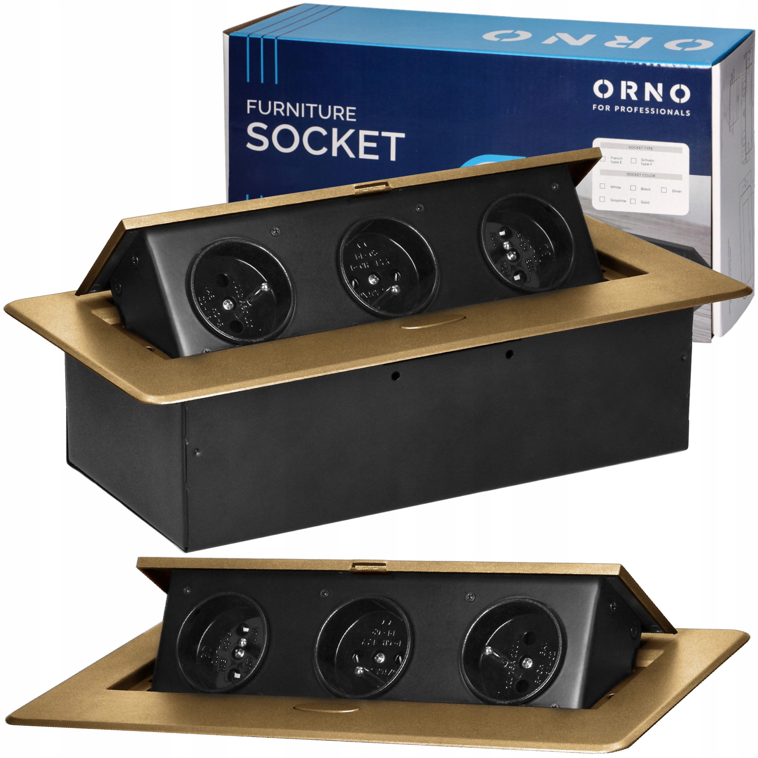 Gniazdo Wpuszczane Chowane w Blat Nablatowe Potrójne Gniazdko 3x230V Złote