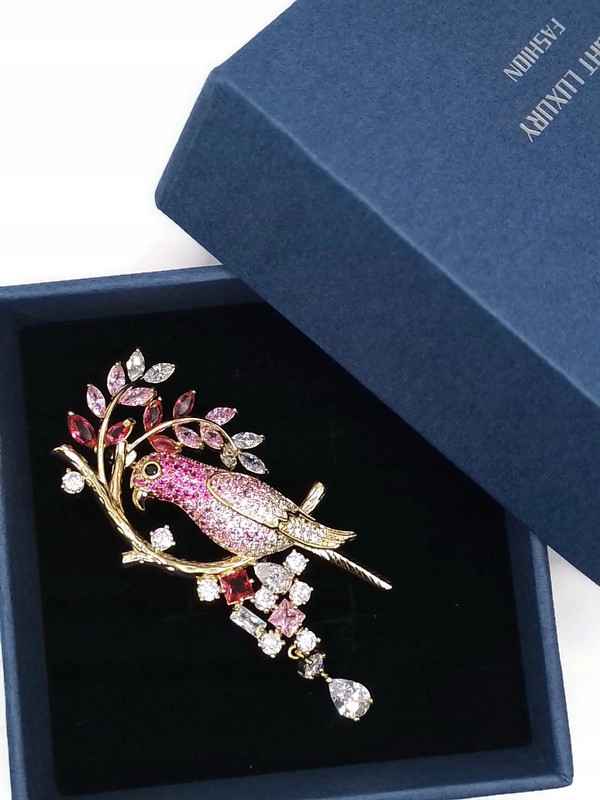 Luxusní Brož Zlatá 14K Gp Papoušek Růžové Krystaly Krabička Jako Dárek