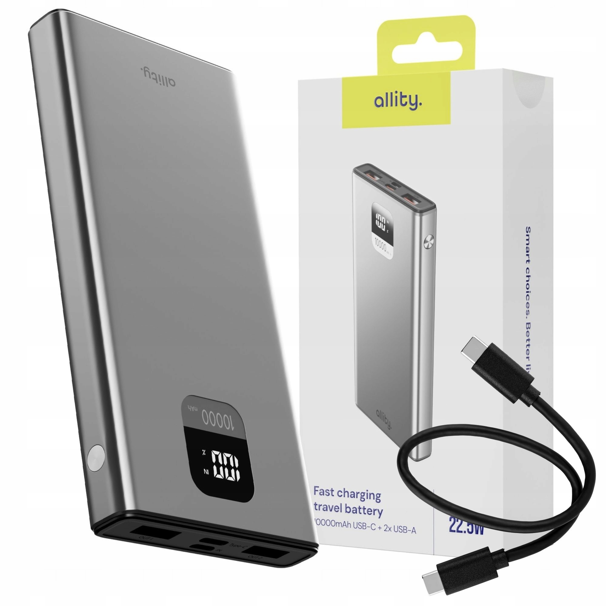 Allity Powerbank Power Bank 10000mAh Qc 22,5W Usb-c Usb Szybki+kabel