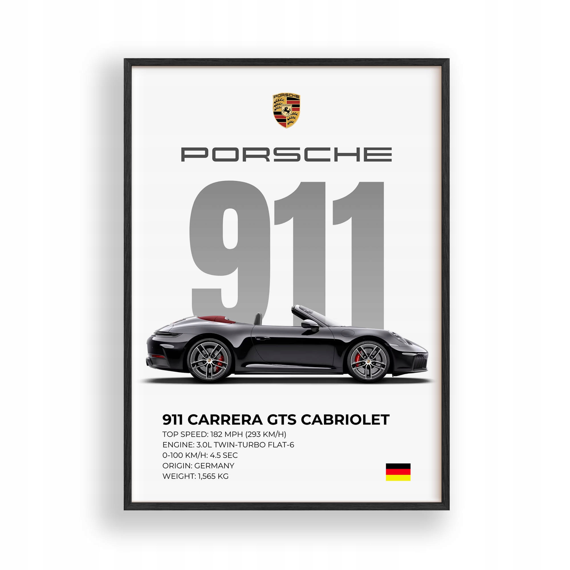 Obraz Auto Porsche 911 Cabriolet Plakát Rámeček Dřevěný Černý 30x42 cm
