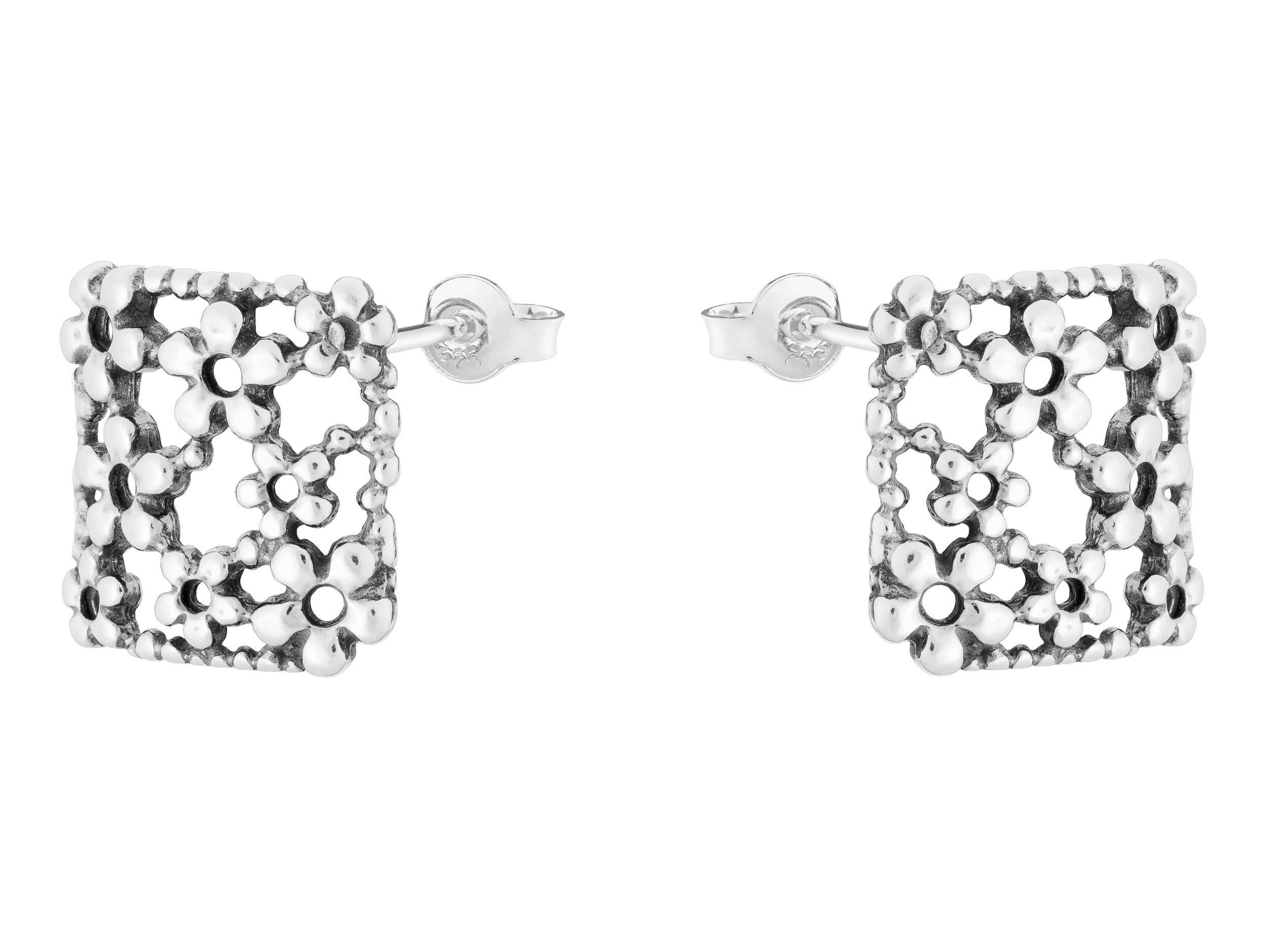 Stříbrné Náušnice Šroubky Květiny Velké Čtverce Oxidované Tyčinky Ažurové