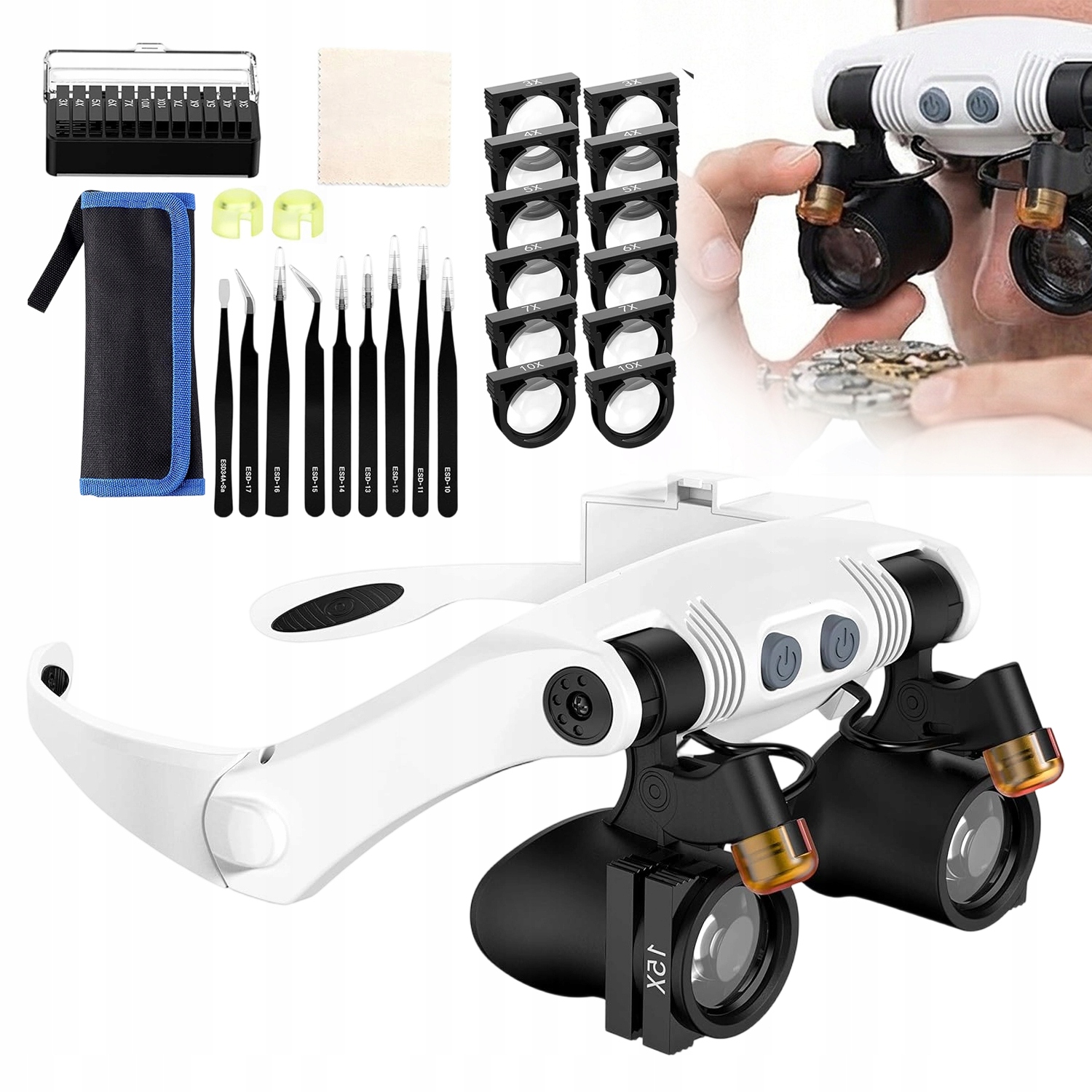 OKULARY POWIĘKSZAJĄCE LUPA NAGŁOWNA ZEGARMISTRZOWSKA LED SOCZEWKI 15X