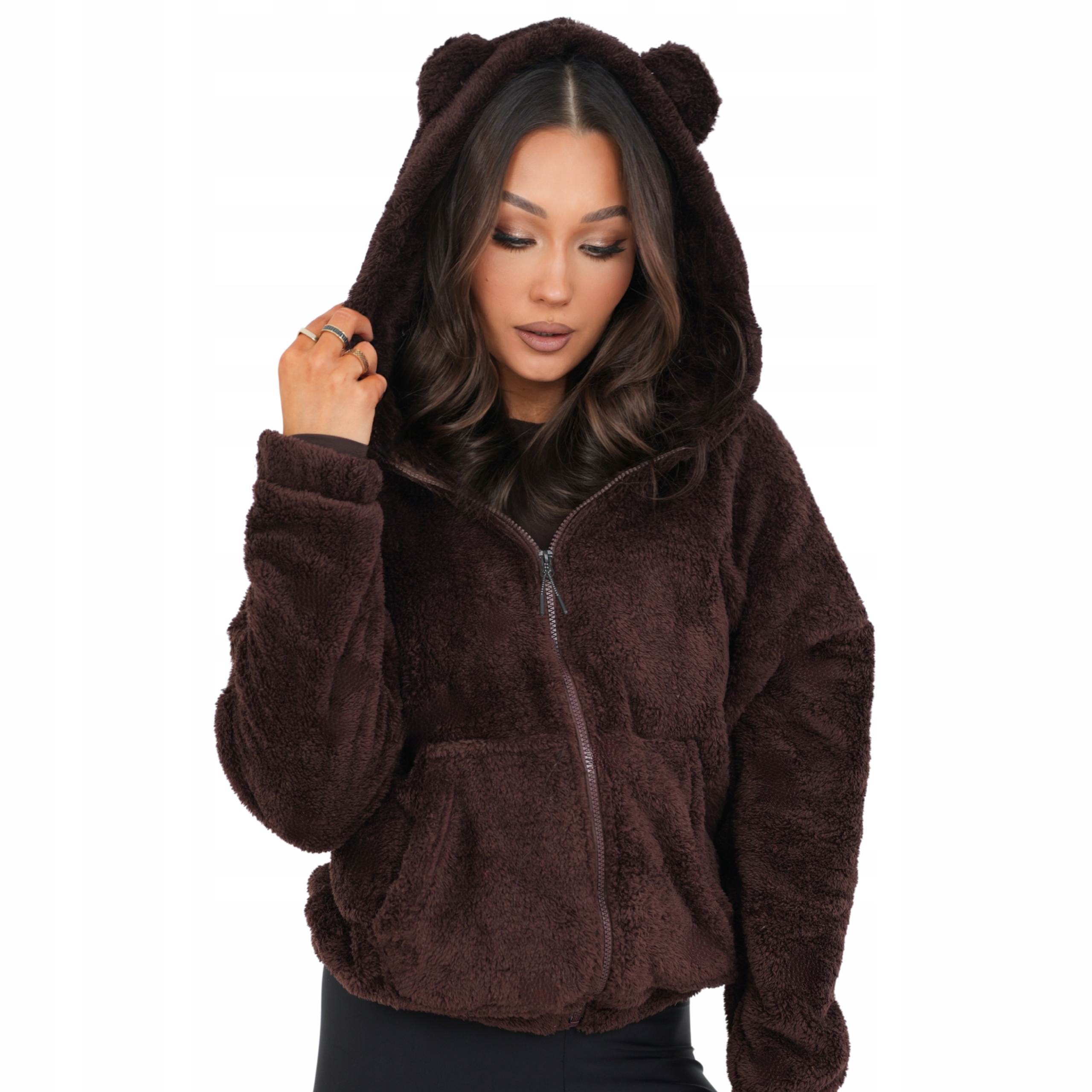 Rozpinana Bluza Damska Luźna Z Kapturem Uszka Plusz Teddy brązowy Xs S
