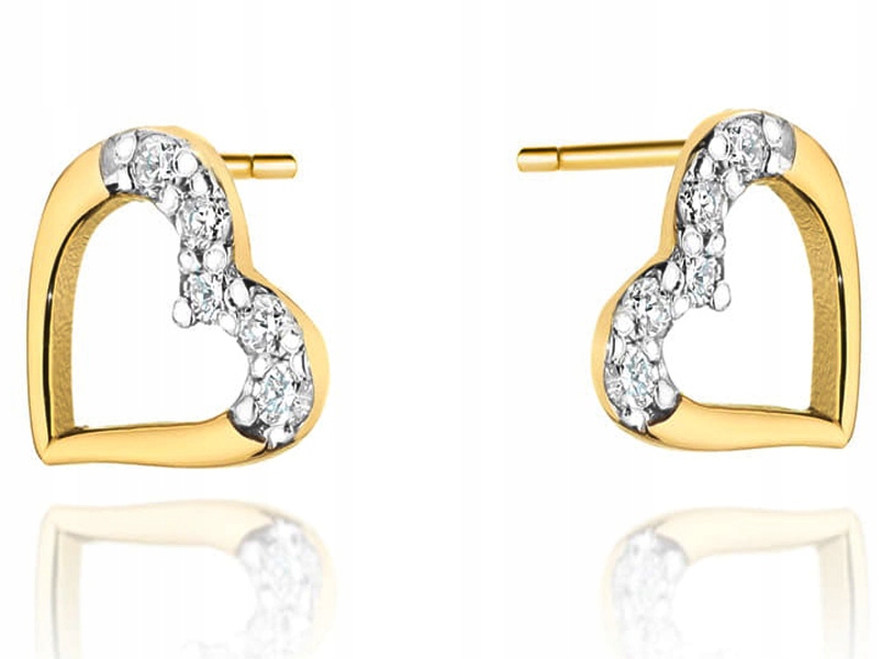 Zlaté náušnice 585 Srdíčka S Brilianty 0,70 g s diamanty na tyčince