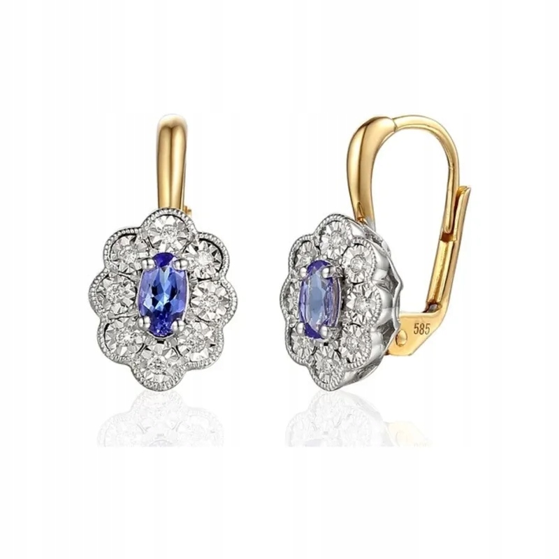 Dámské náušnice ze zlata 585, elegantní tanzanit a diamanty, dárek 3,59g