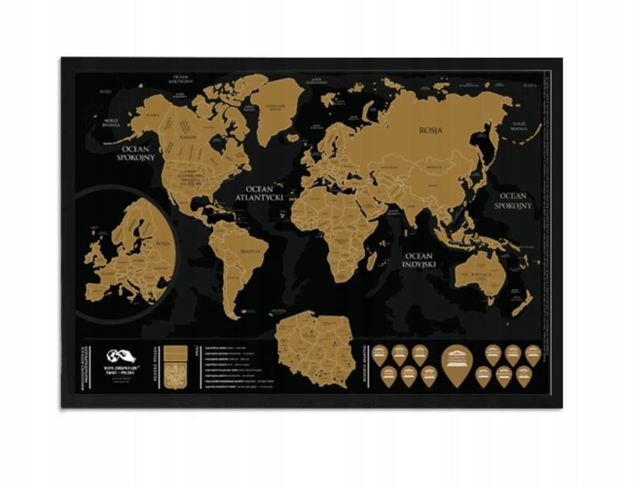 Zestaw Deluxe: Mapa Zdrapka W Złotej Ramie