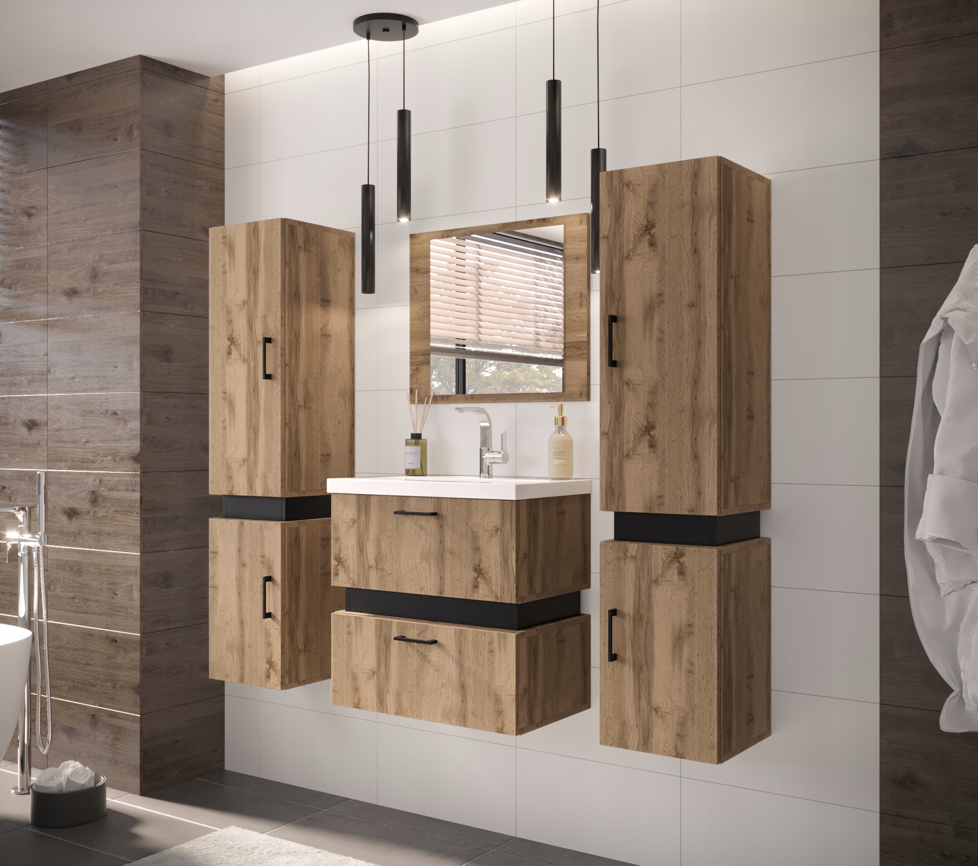 Meble łazienkowe TRIO zestaw 2 dąb wotan + czarny EAN (GTIN) 5904302901551