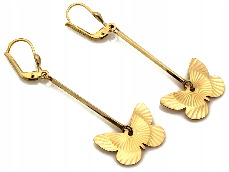 Zlaté náušnice 585, dlouhé závěsné s motýlkem, na anglické zapínání, módní
