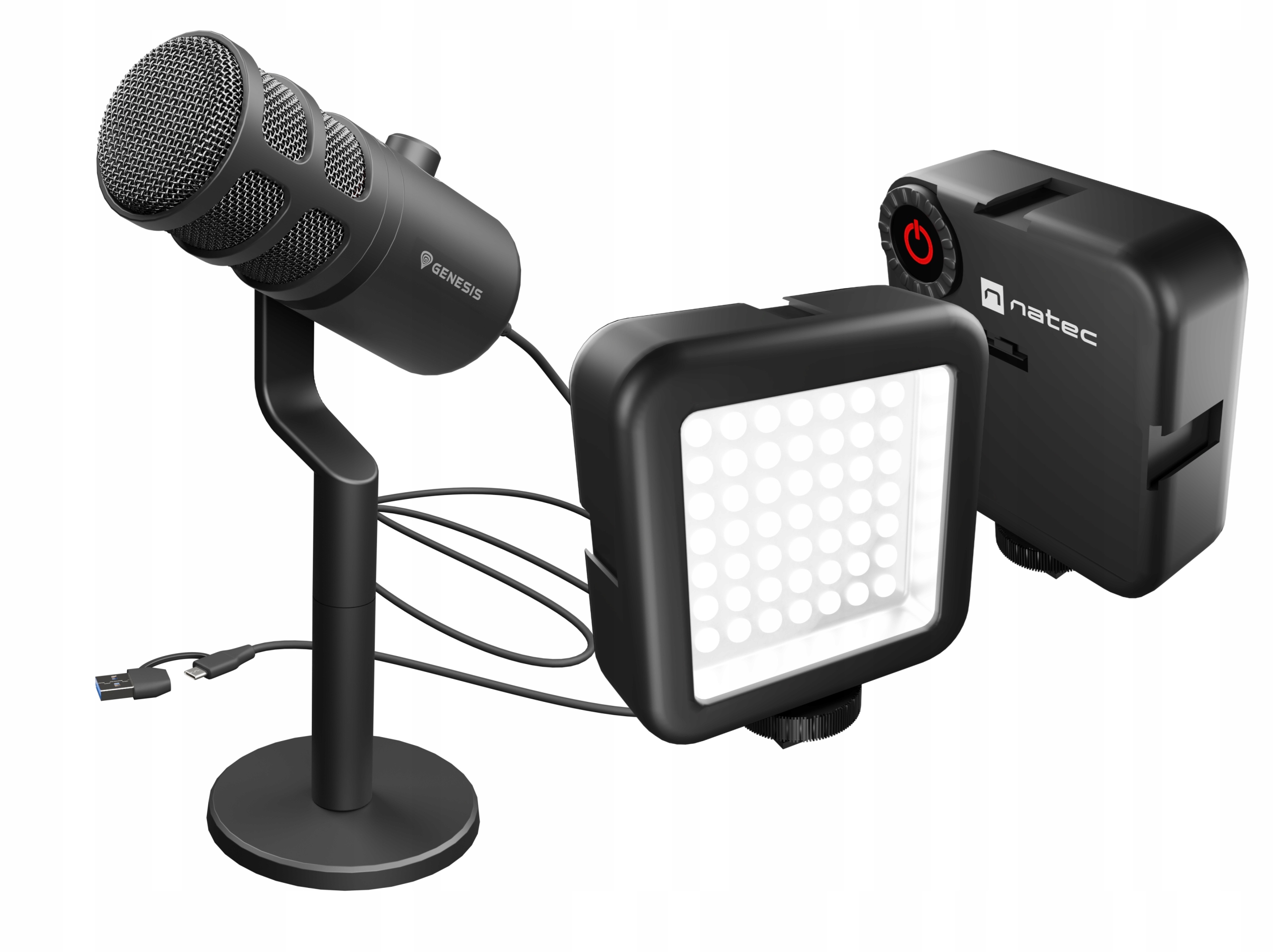 Mikrofon dynamiczny streaming Twitch Usb Genesis Radium 350D lampa latarka