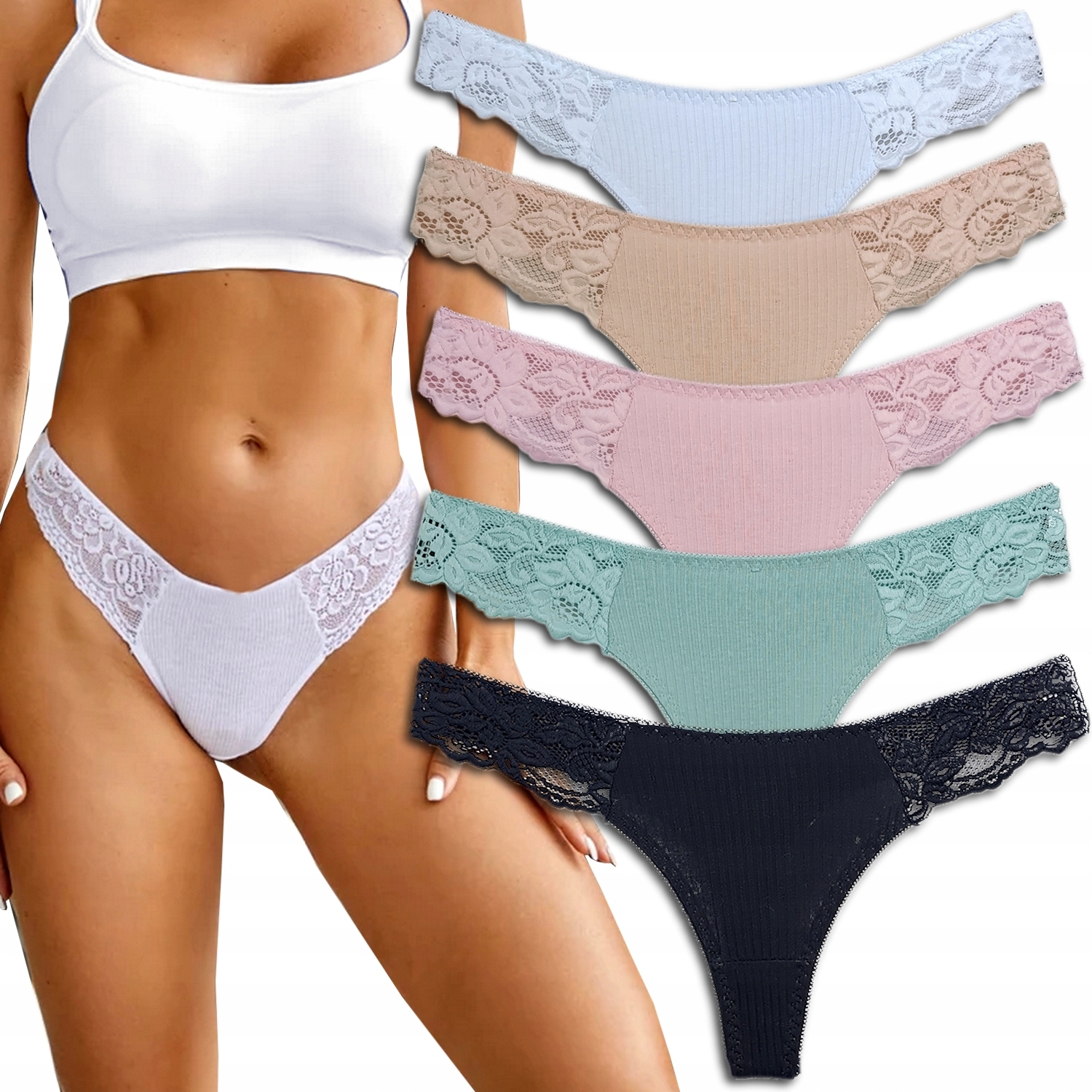 5x PIĘKNE BAWEŁNIANE NAJLEPSZEJ JAKOŚCI STRINGI PRĄŻKOWANE KORONKOWE L/XL