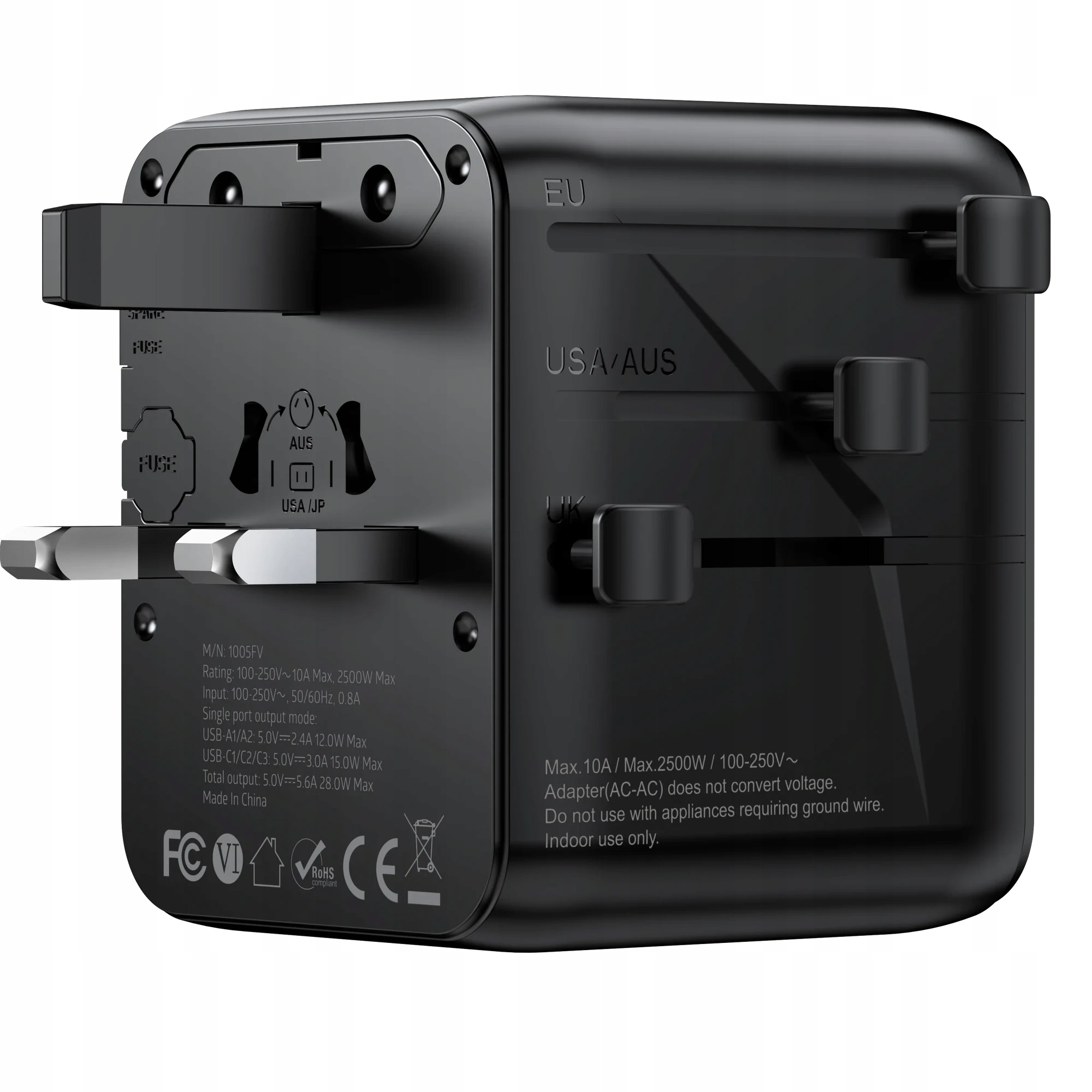Rocoren Univerzální cestovní adaptér 200+ zemí, 5 portů Usb-c/a 2500W