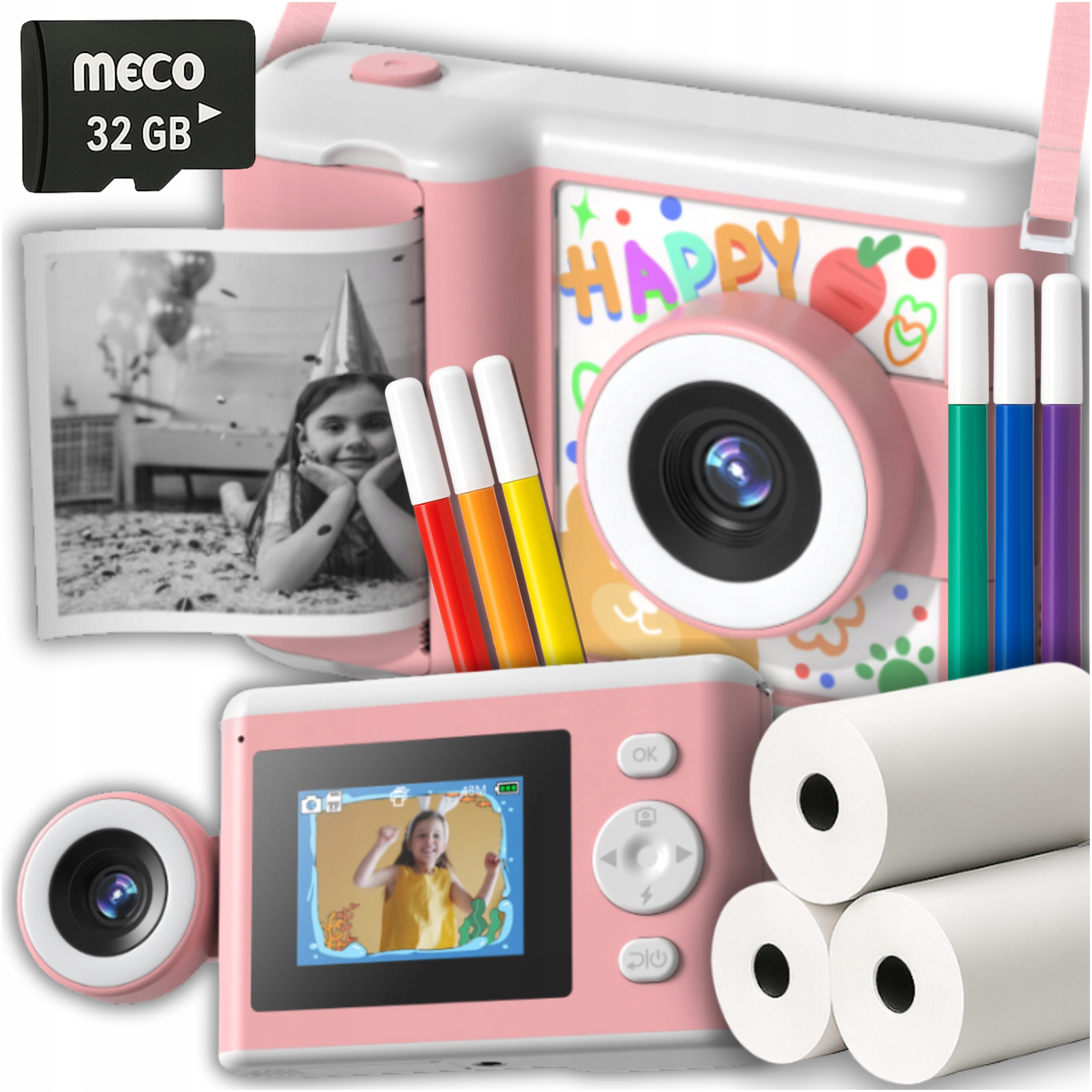 Aparat Natychmiastowy Dla Dzieci 5w1 Drukuś Selfie 180° MP3 Gry Gratisy