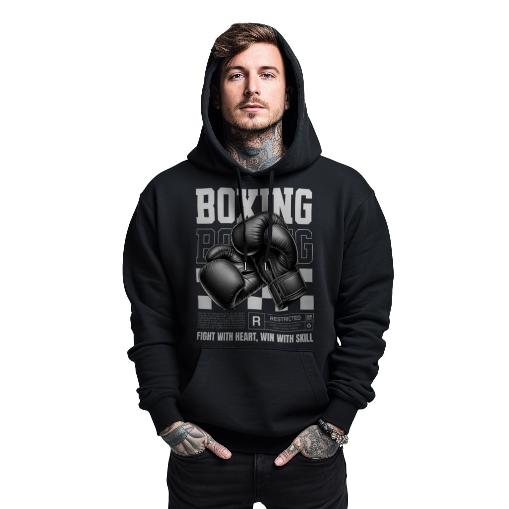 Mikina černá pánská s kapucí s potiskem boxu Boxing Fight se srdíčkem