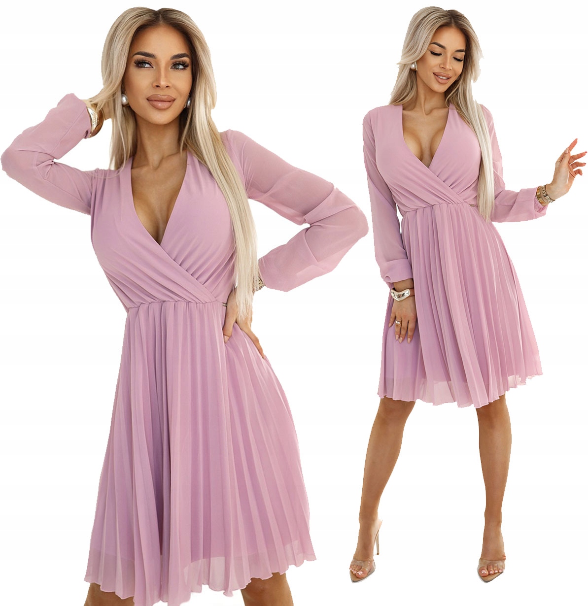 Plisovaná Šaty S Dlouhým Rukávem A Hlubokým Výstřihem Pudrová Růžová 2XL