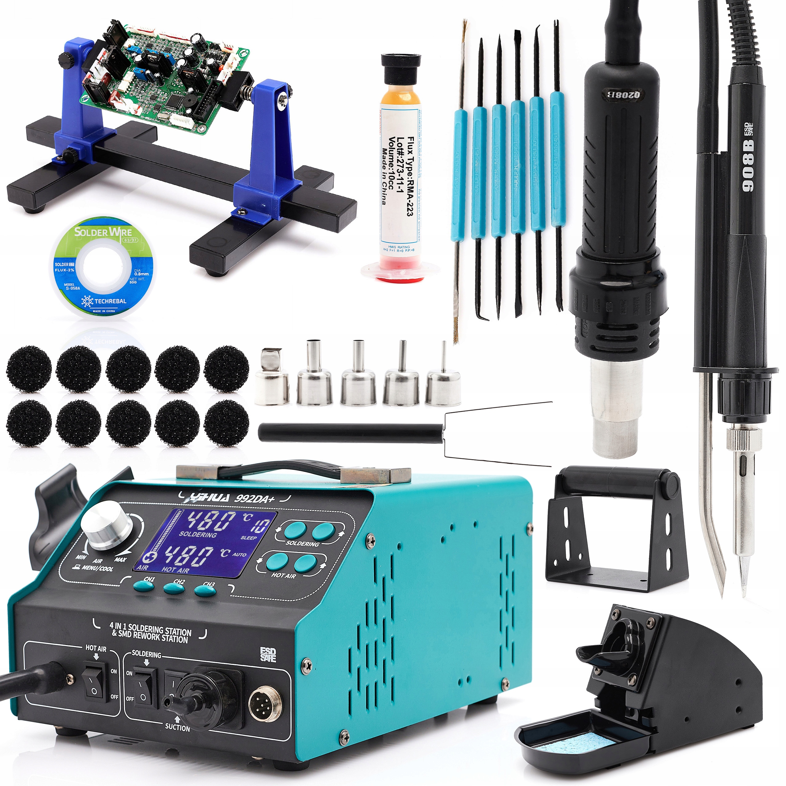 Sada Pájecí Stanice Odsávací Hot-air Hrotová 4V1 Yihua 992DA+ Doplňky