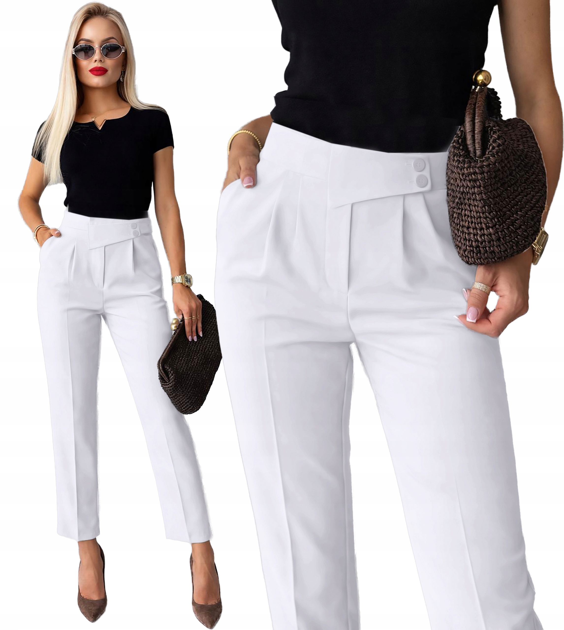 Spodnie damskie Cygaretki wysoki stan kant ozdobny pas L Blanka