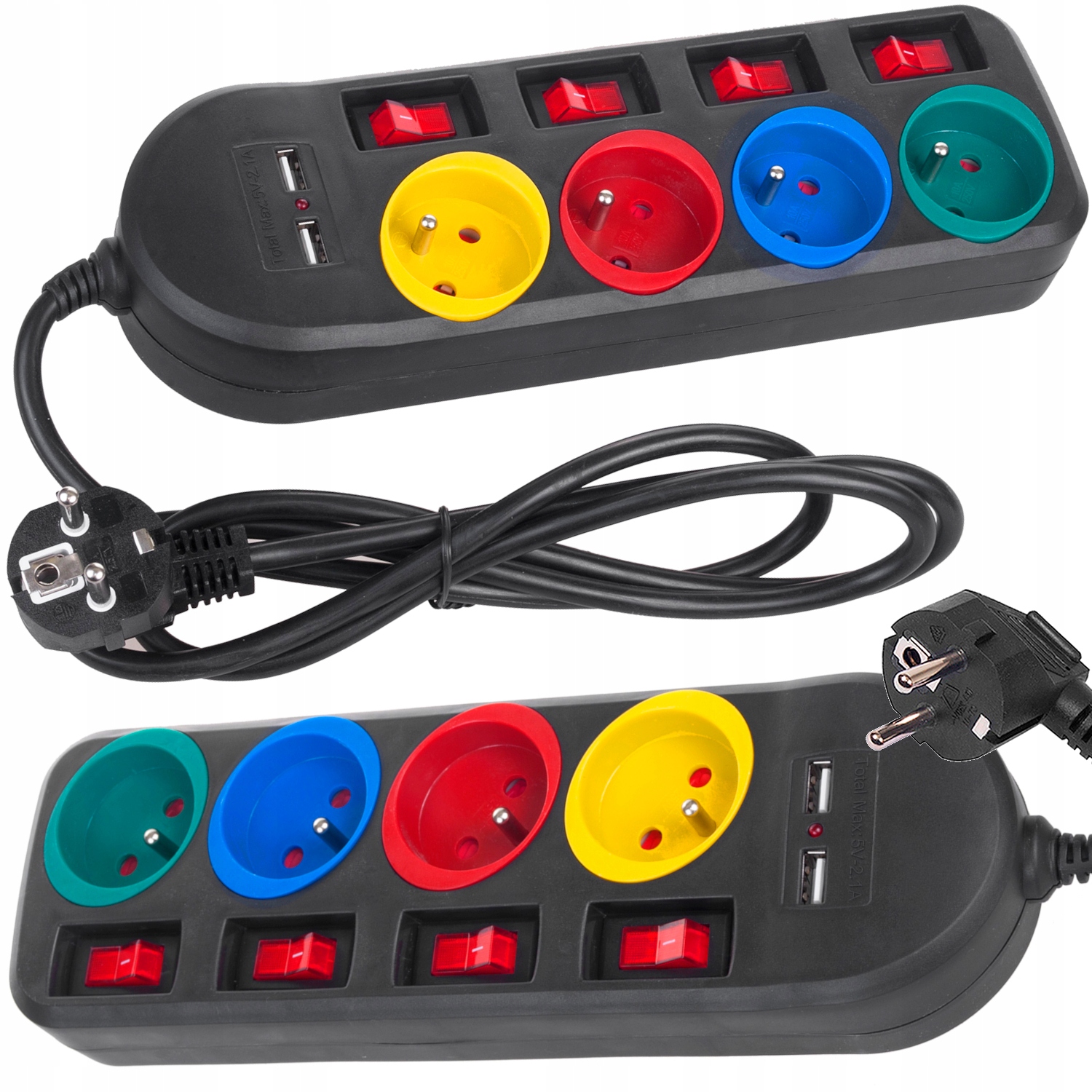 PRZEDŁUŻACZ LISTWA ZASILAJĄCA 4 KOLOROWE GNIAZDA WŁĄCZNIKI + 2x USB ...
