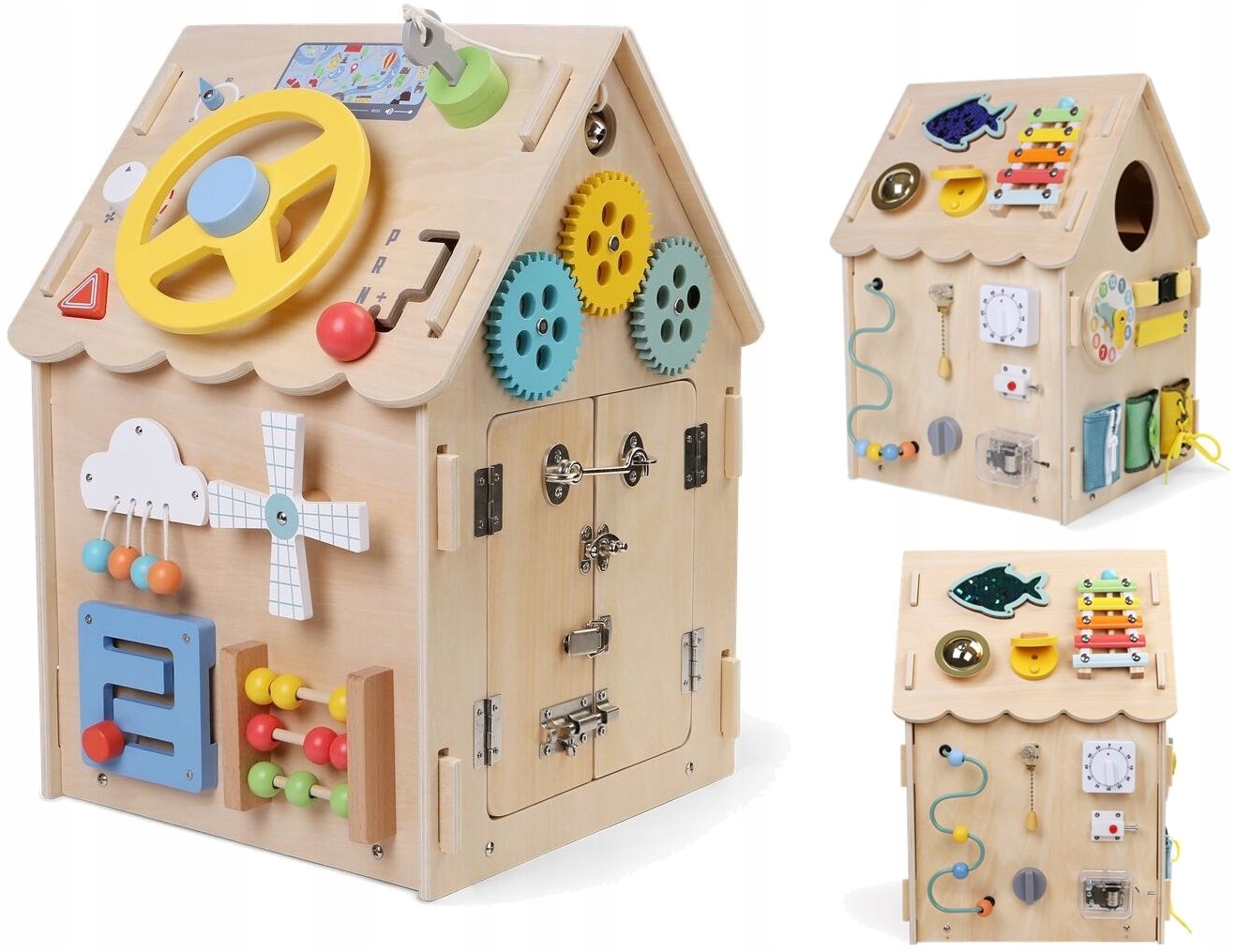 Baby Mix Montessori Domek Aktywności Led tablica manipulacyjna 12m+ natural
