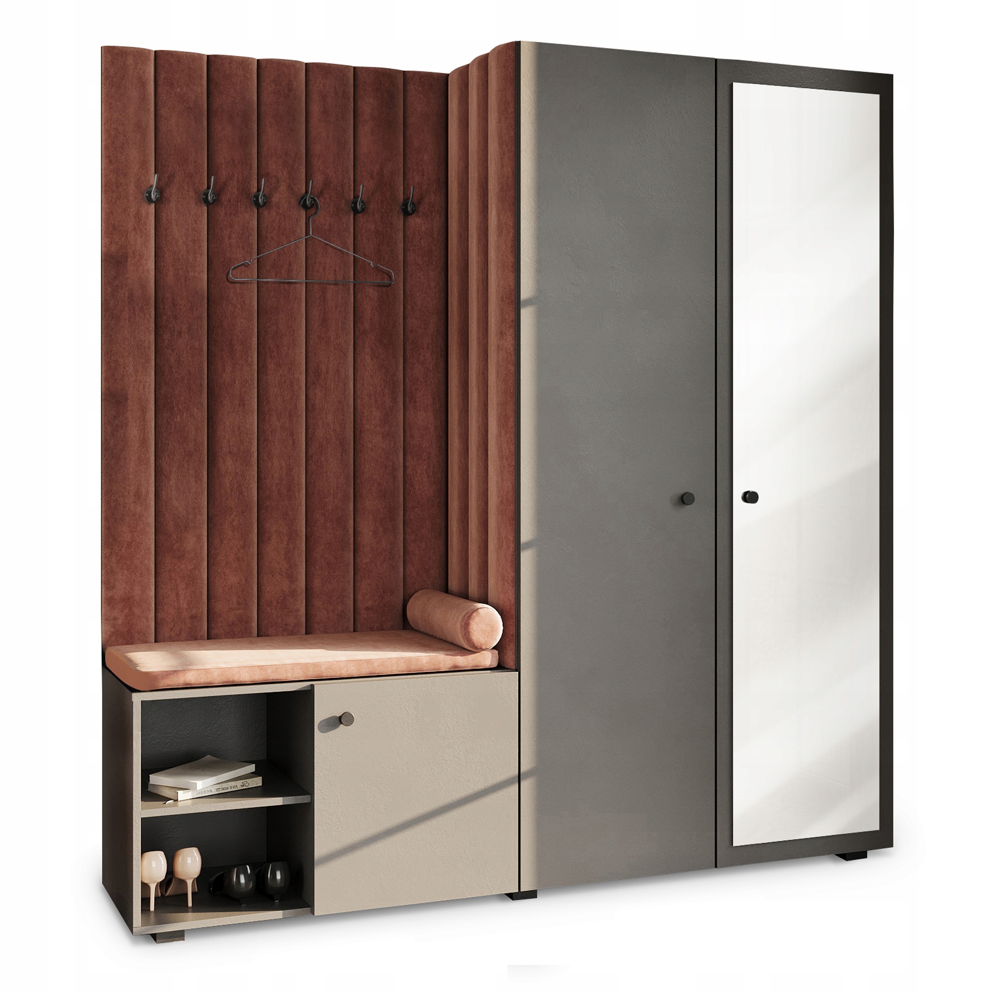 Předsíňová skříň Aria s sedákem, šedá, zrcadlo, čalouněná 63