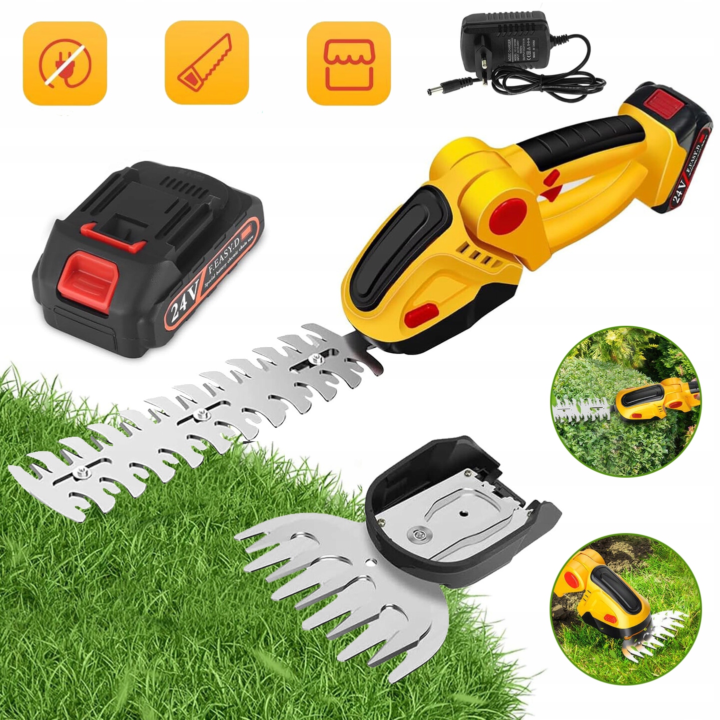 Nożyce Elektryczne Akumulatorowe Do Żywopłotu, Trymer Sekator 24V 1500MAH