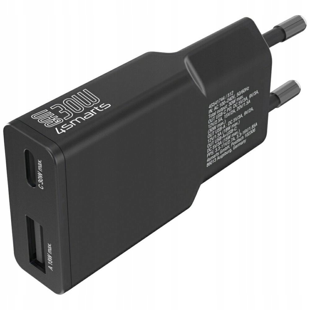 Ładowarka sieciowa 4smarts FlatPlug Duos 30W GaN Usb-c/usb-a czarny