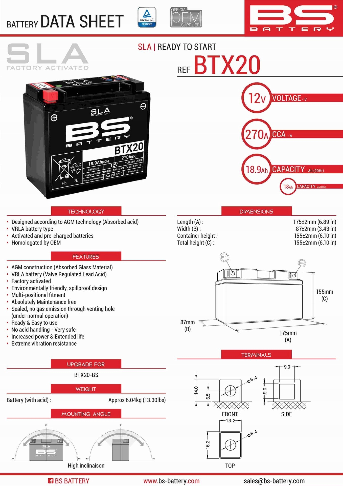 Bs Batéria BTX20 (fa) (YTX20- Bs 12V 18AH 175X87X155 Bs Bez Ľúhu Zala