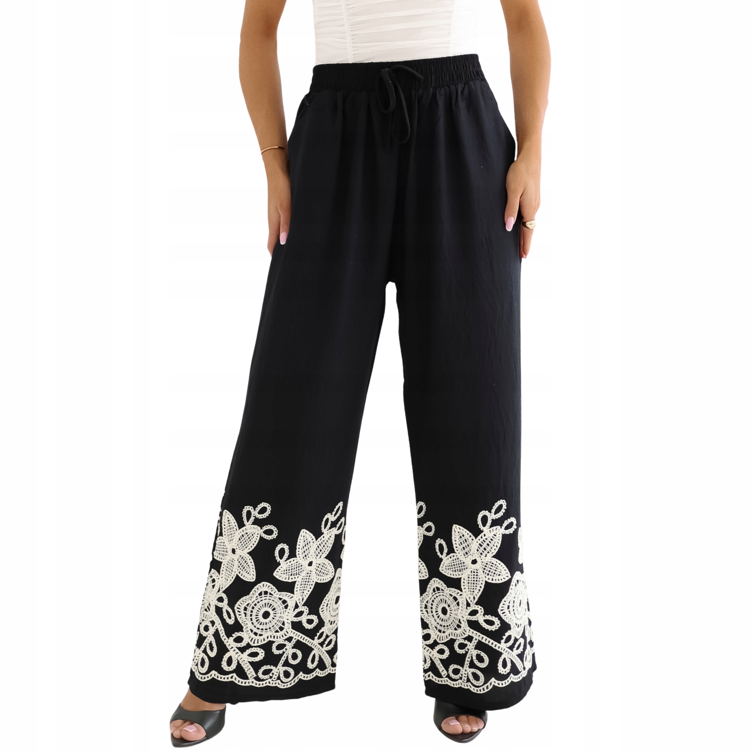 Dámské letní volné kalhoty palazzo s výšivkou Boho, černá, L/XL