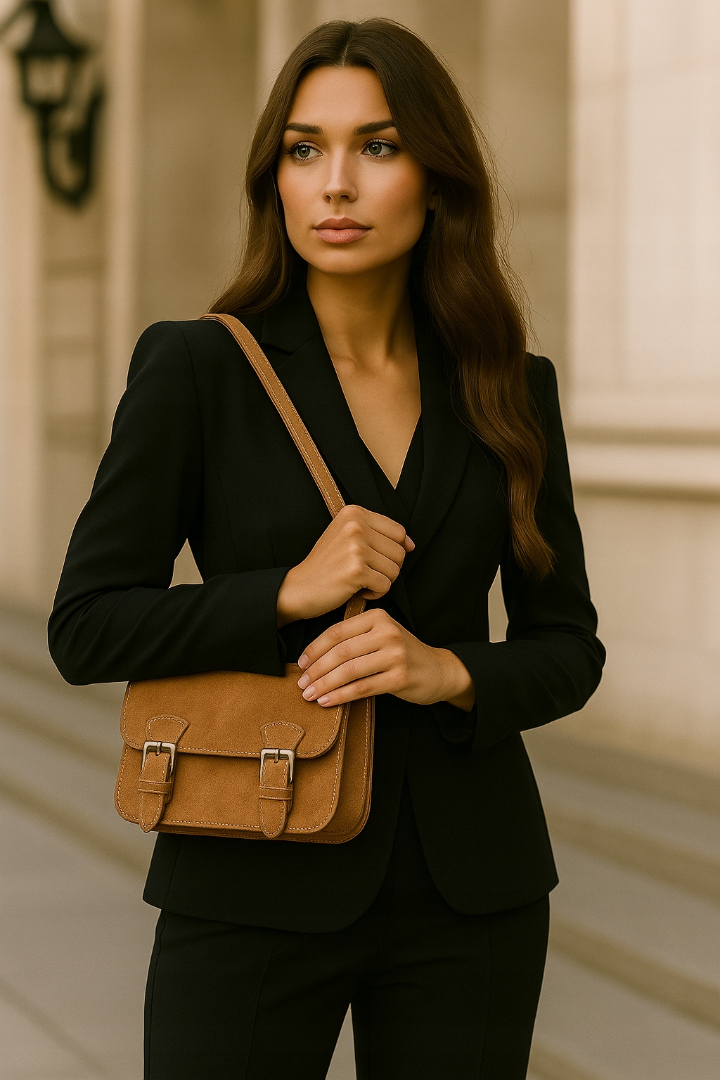 Velká italská semišová kabelka přes rameno Vera Pelle A5, prostorná Camel